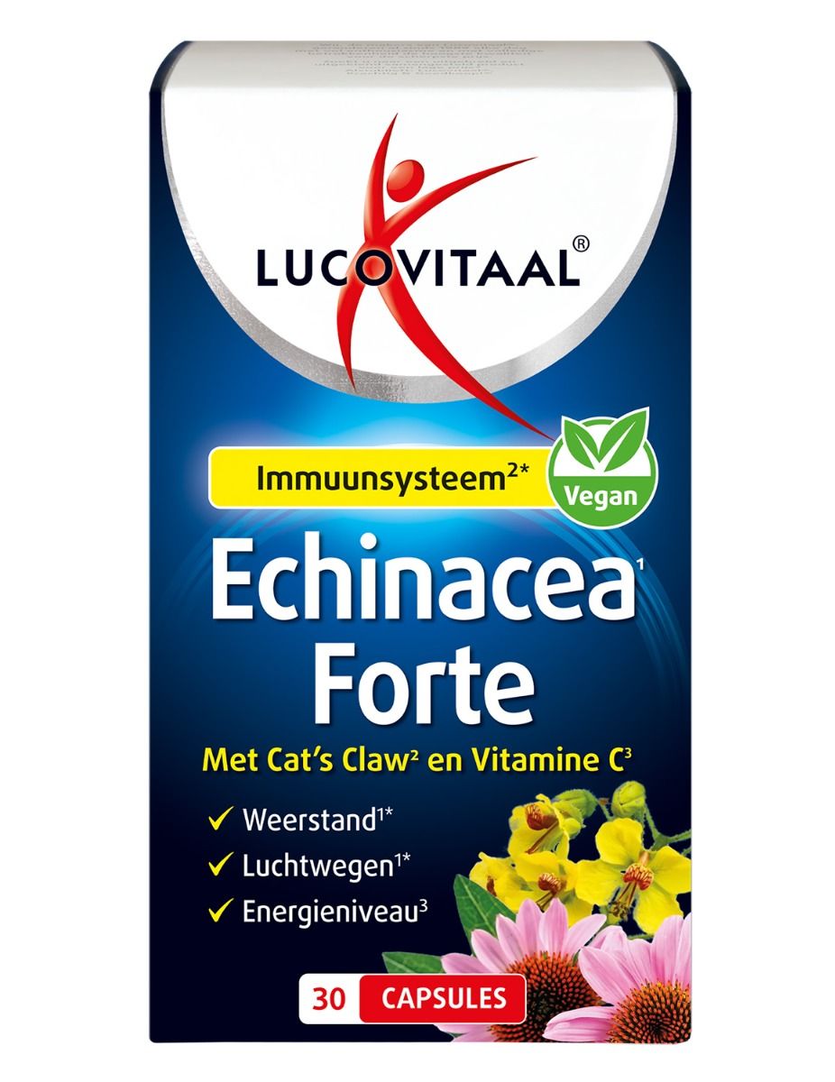 Verpakking voedingssupplement. Opschrift: Echinacea Forte. Bevat 30 capsules. Vegan-keurmerk.
