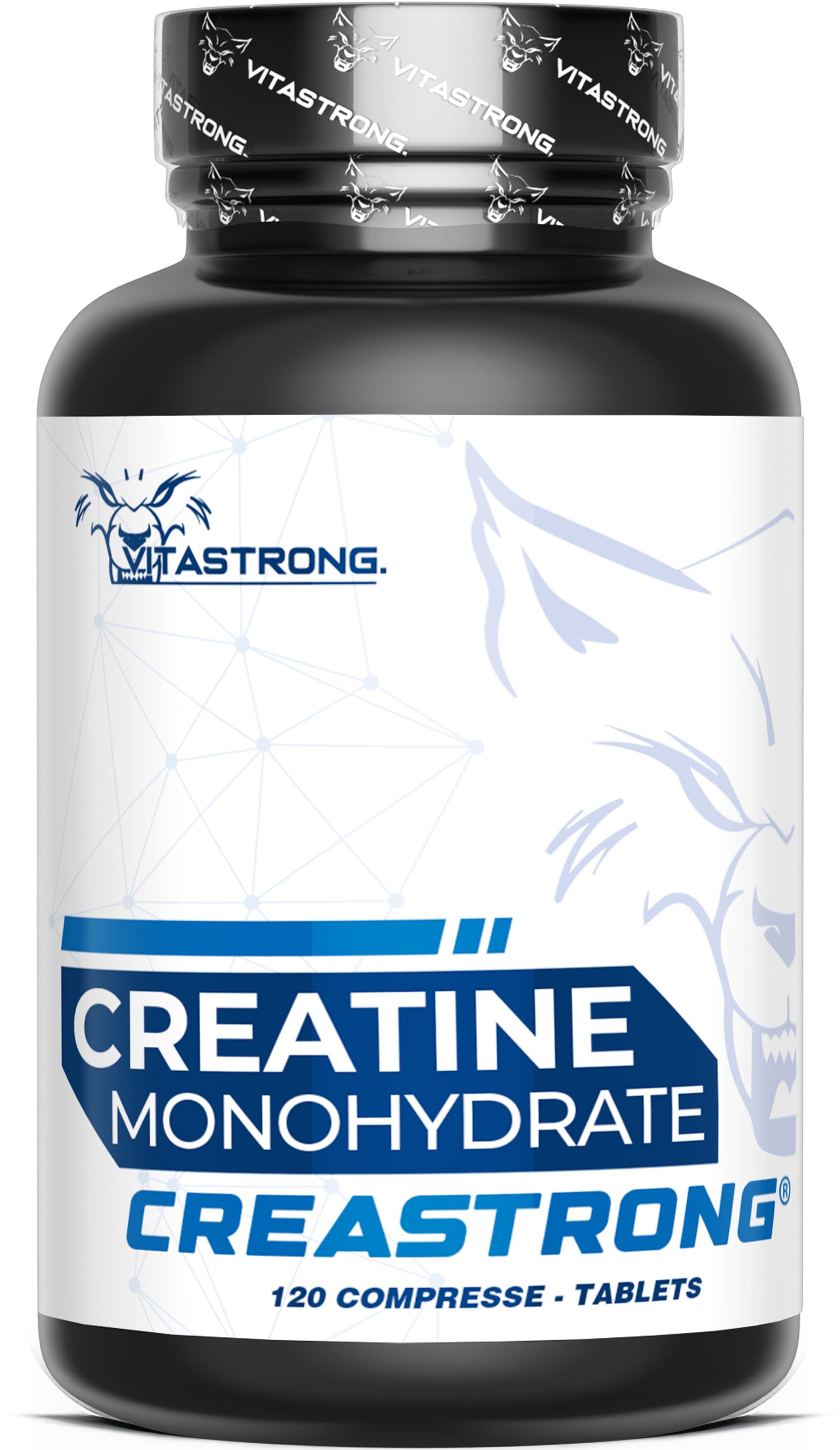 Bouteille Vitastrong Creatin Creastrong® de 120 comprimés, étiquette bleu-blanc et logo de loup.