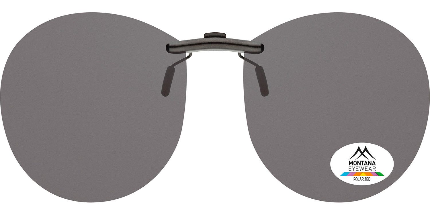 Clip-on zonnebril met ronde grijze glazen. Metalen montuur. Montana Eyewear logo en Polarized sticker.