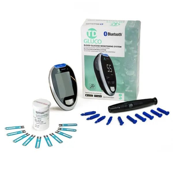 Kit de glucomètre avec appareil, autopiqueur, bandelettes réactives et piles. Emballage inclus.