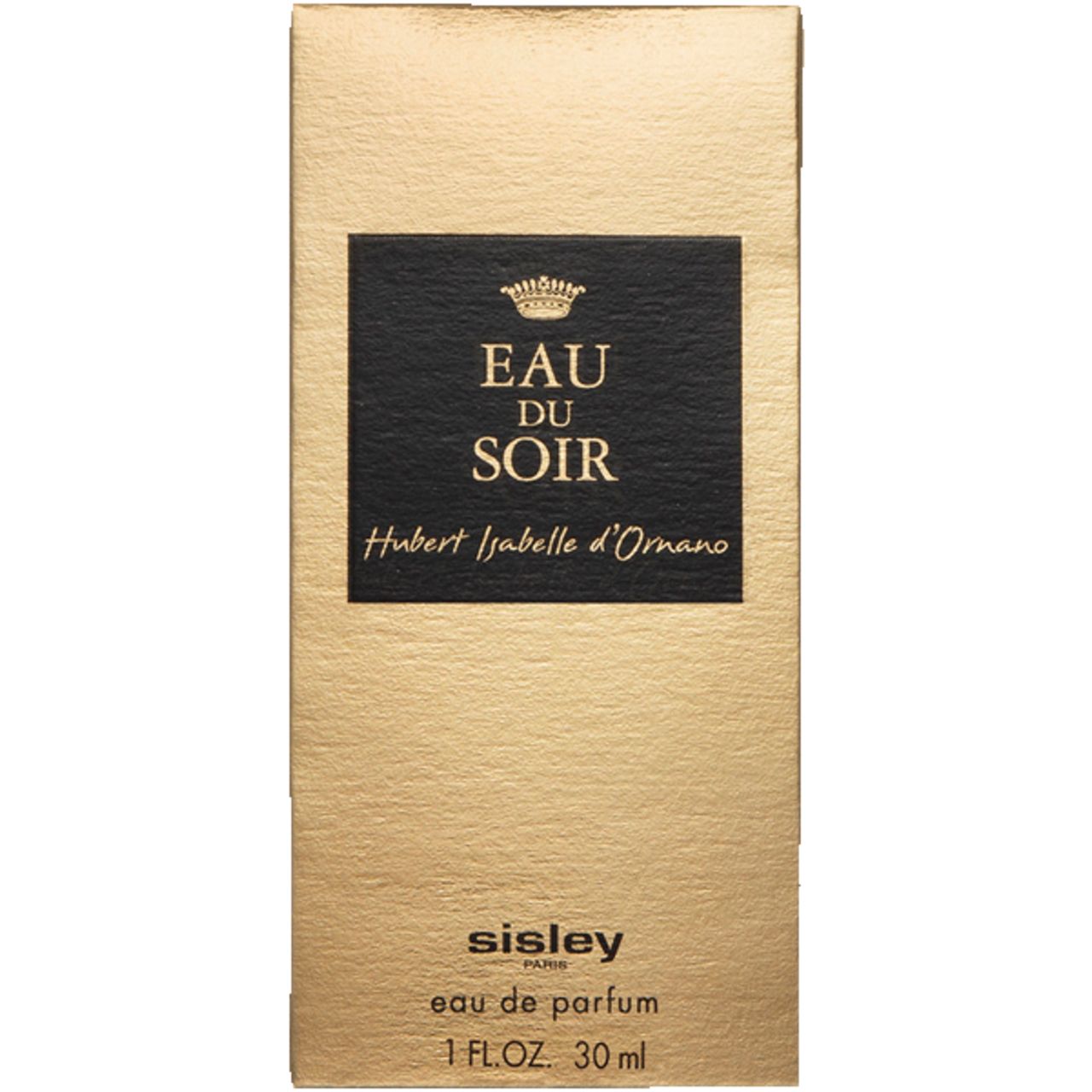 Gouden verpakking. Zwarte rechthoek met tekst: Eau du Soir, Hubert Isabelle d'Ornano. Merk Sisley. Eau de Parfum.