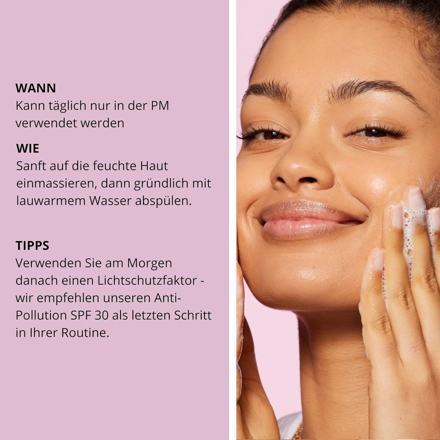 Femme se lavant le visage. Texte sur l'utilisation et les conseils.