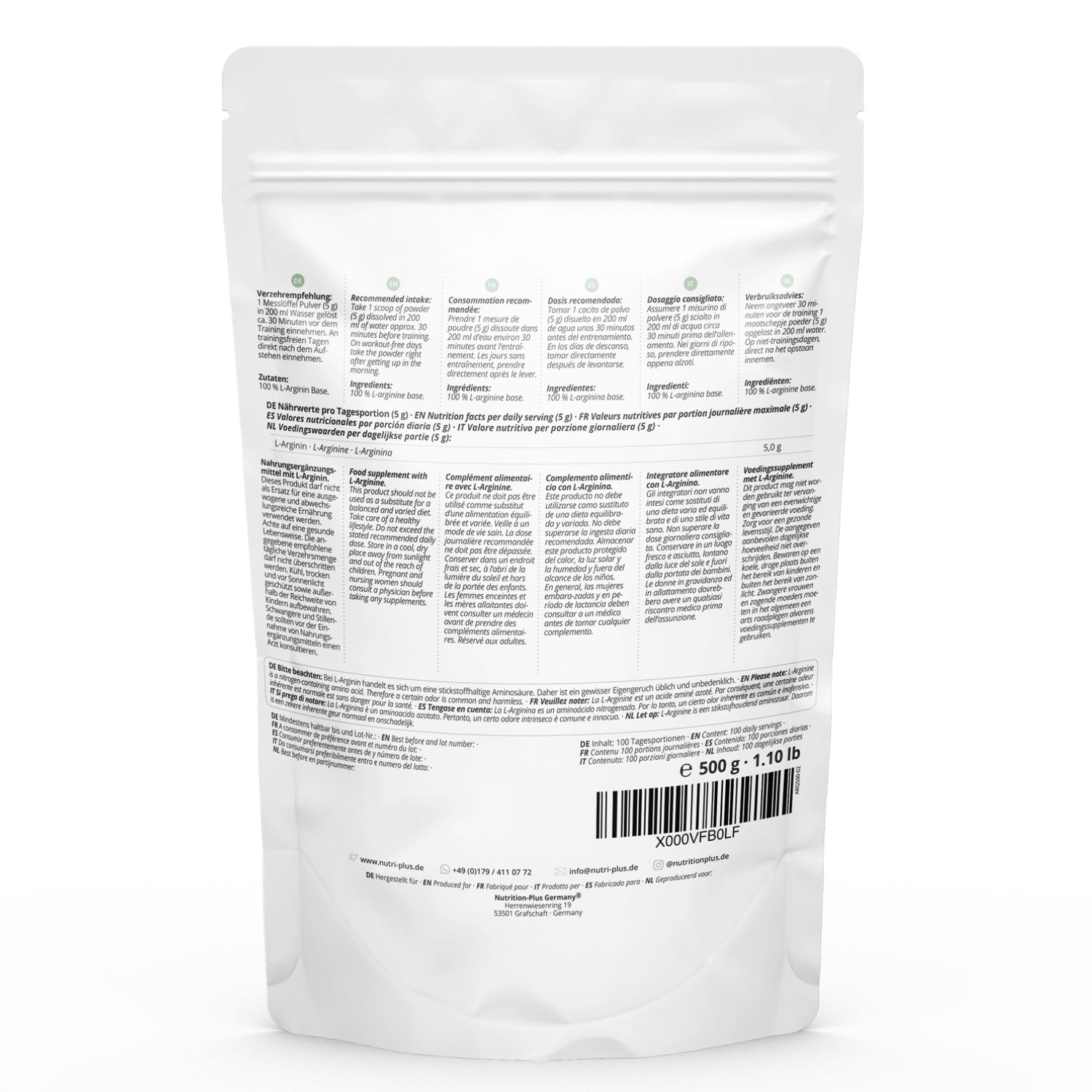 Achterkant van de L-Arginine Base poeder verpakking. Bevat informatie en voedingswaarden.