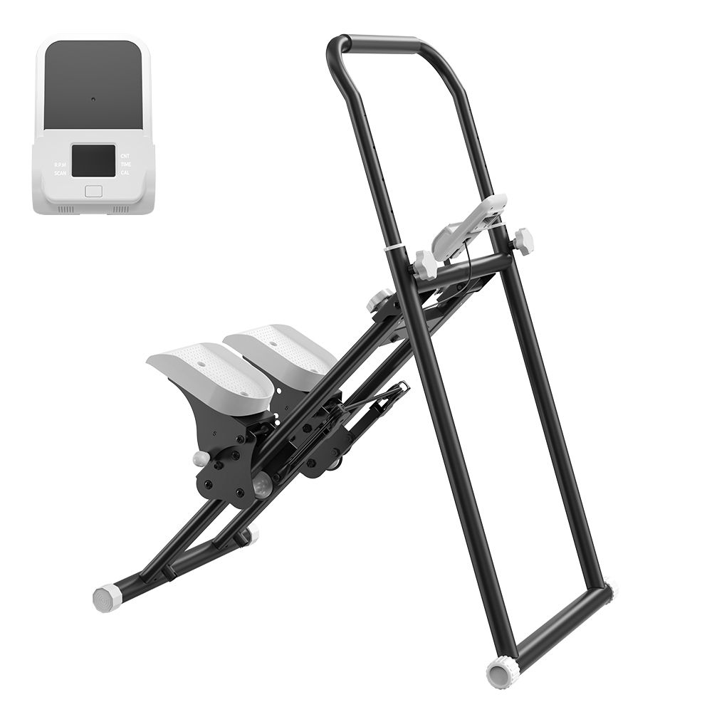 Stepper noir avec guidon réglable et pédales. Écran séparé. Fond blanc.