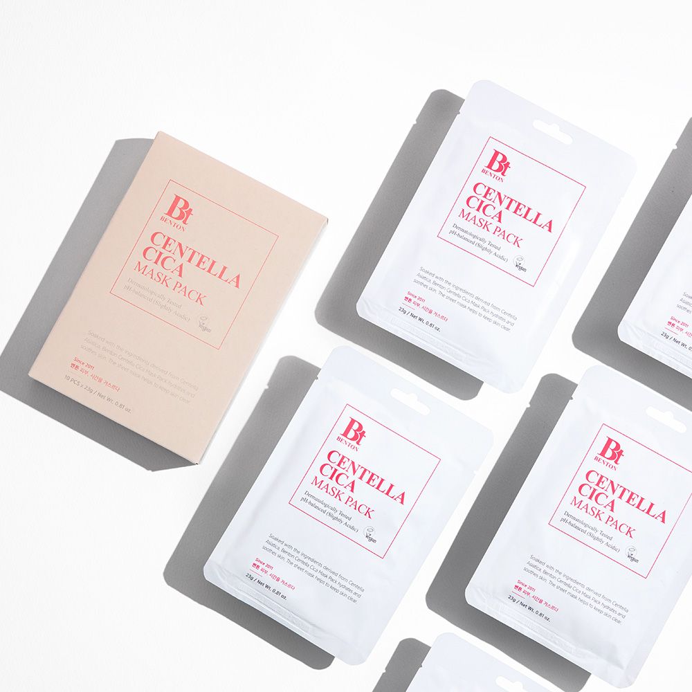 Benton Centella Cica Mask Pack : plusieurs masques individuels et une boîte.