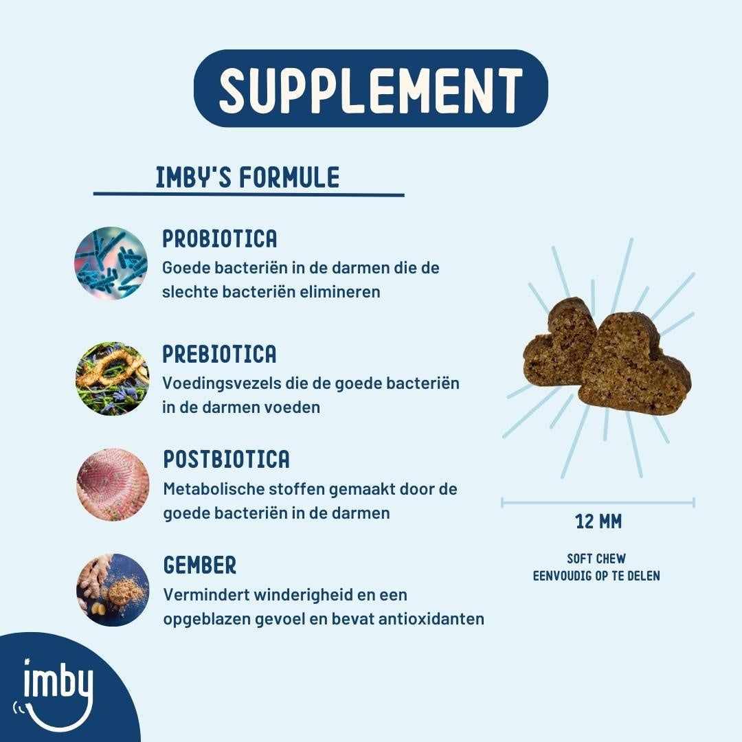 Imby's Formule: Probiotica, prebiotica, postbiotica en gember. 12 mm zachte kauwsnacks.