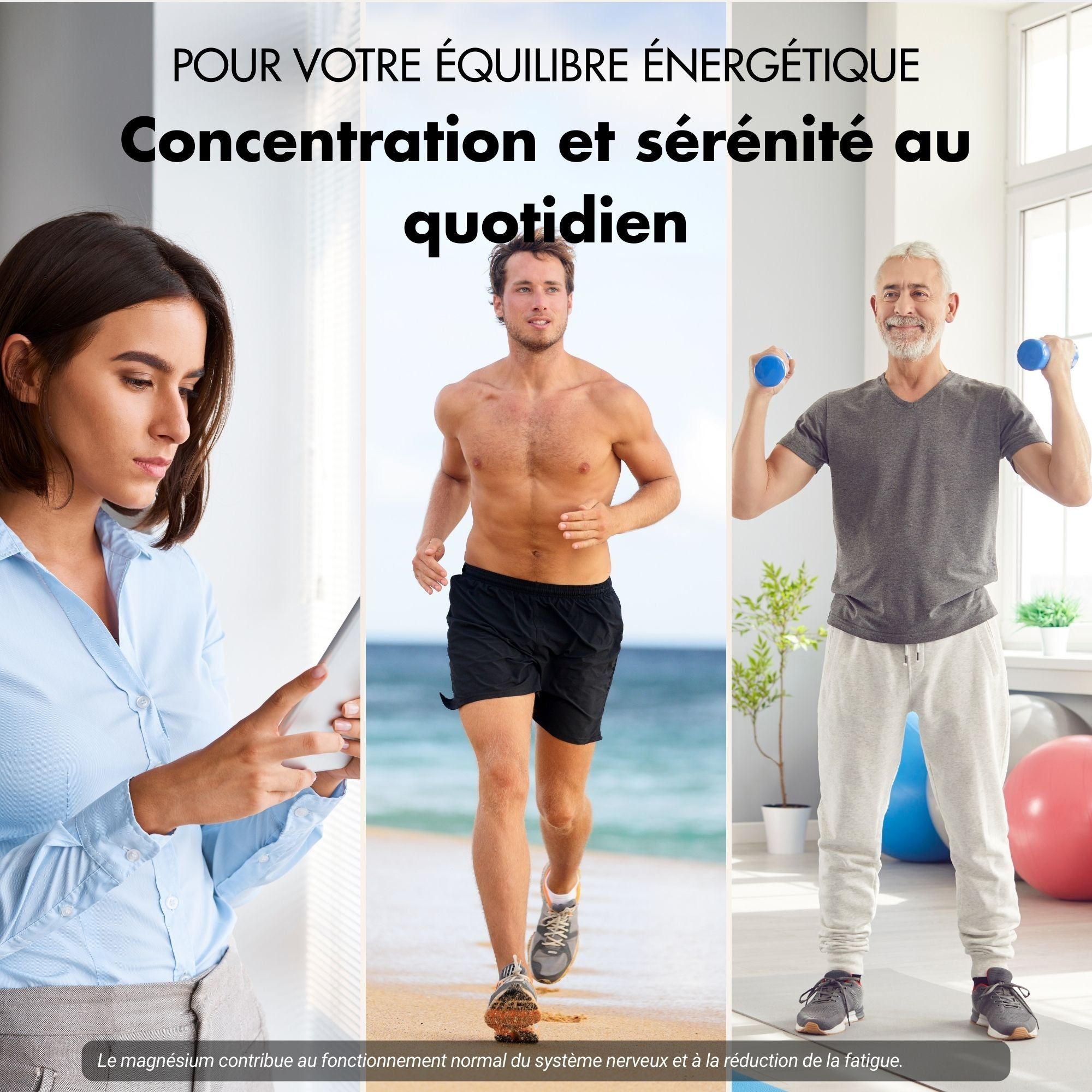 Trois personnes. Femme avec tablette, homme fait du jogging, homme avec haltères. Fond blanc.