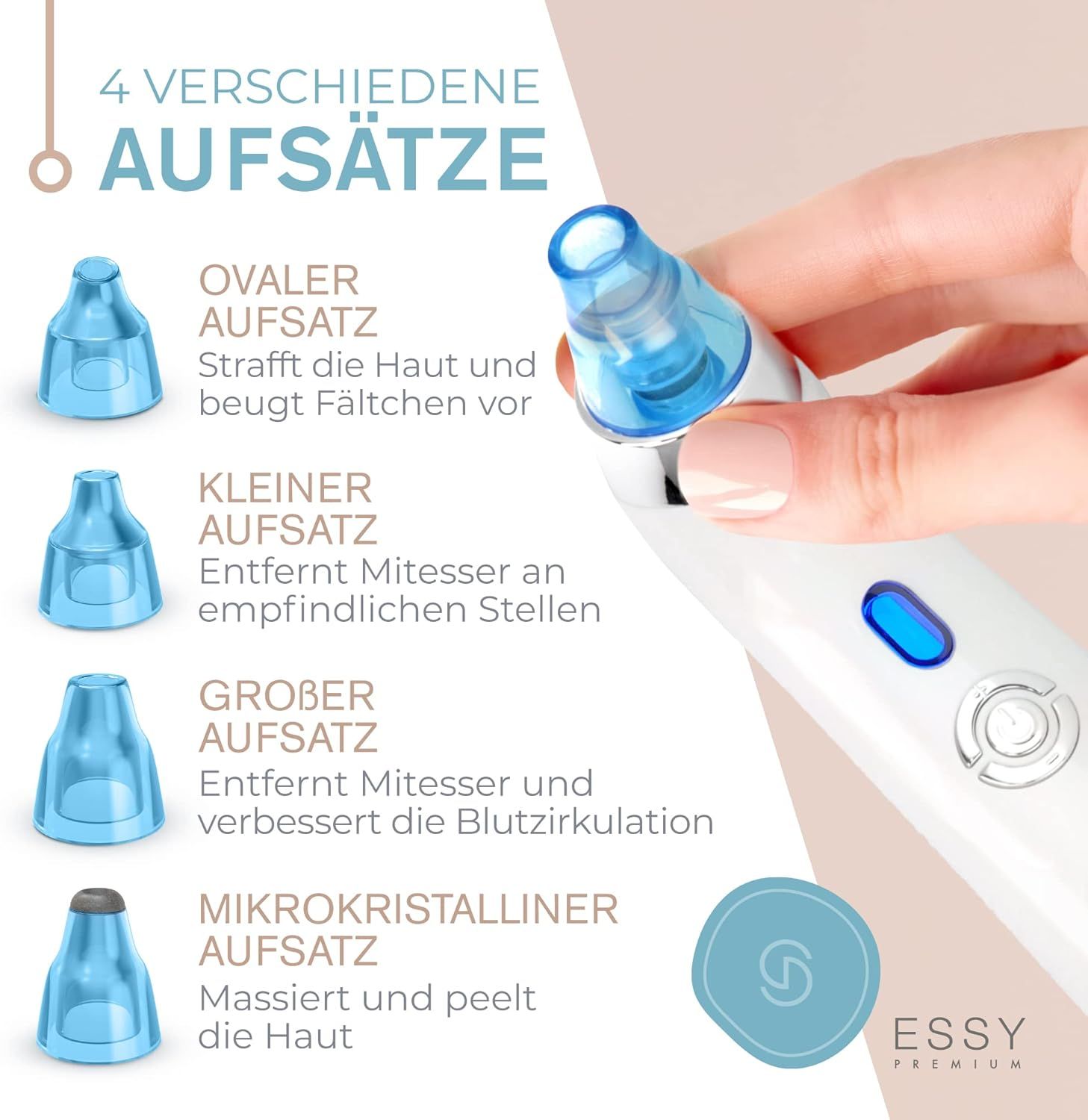 Vier verschillende opzetstukken voor de Essy Pore Vacuum voor huidverzorging.
