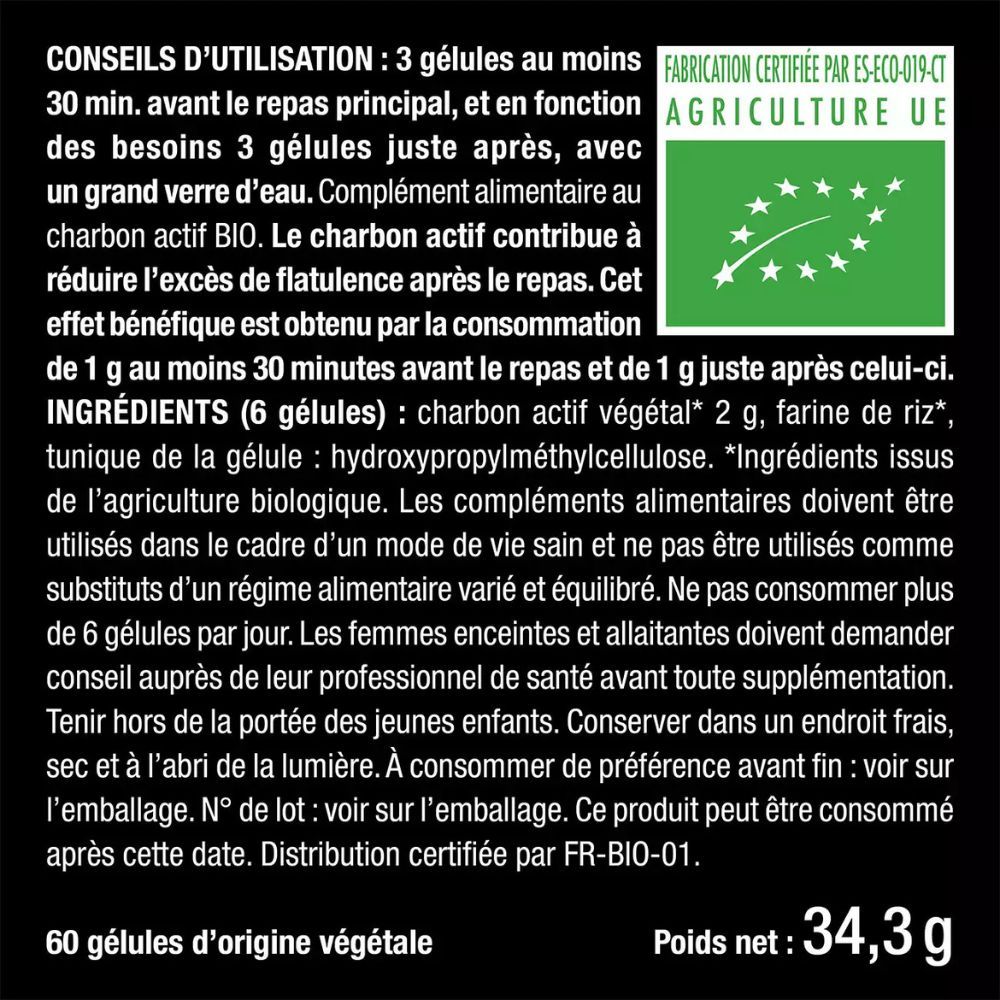 Texte avec conseils d'utilisation: 3 gélules avant le repas, 3 après. Ingrédients: charbon actif, amidon de riz.
