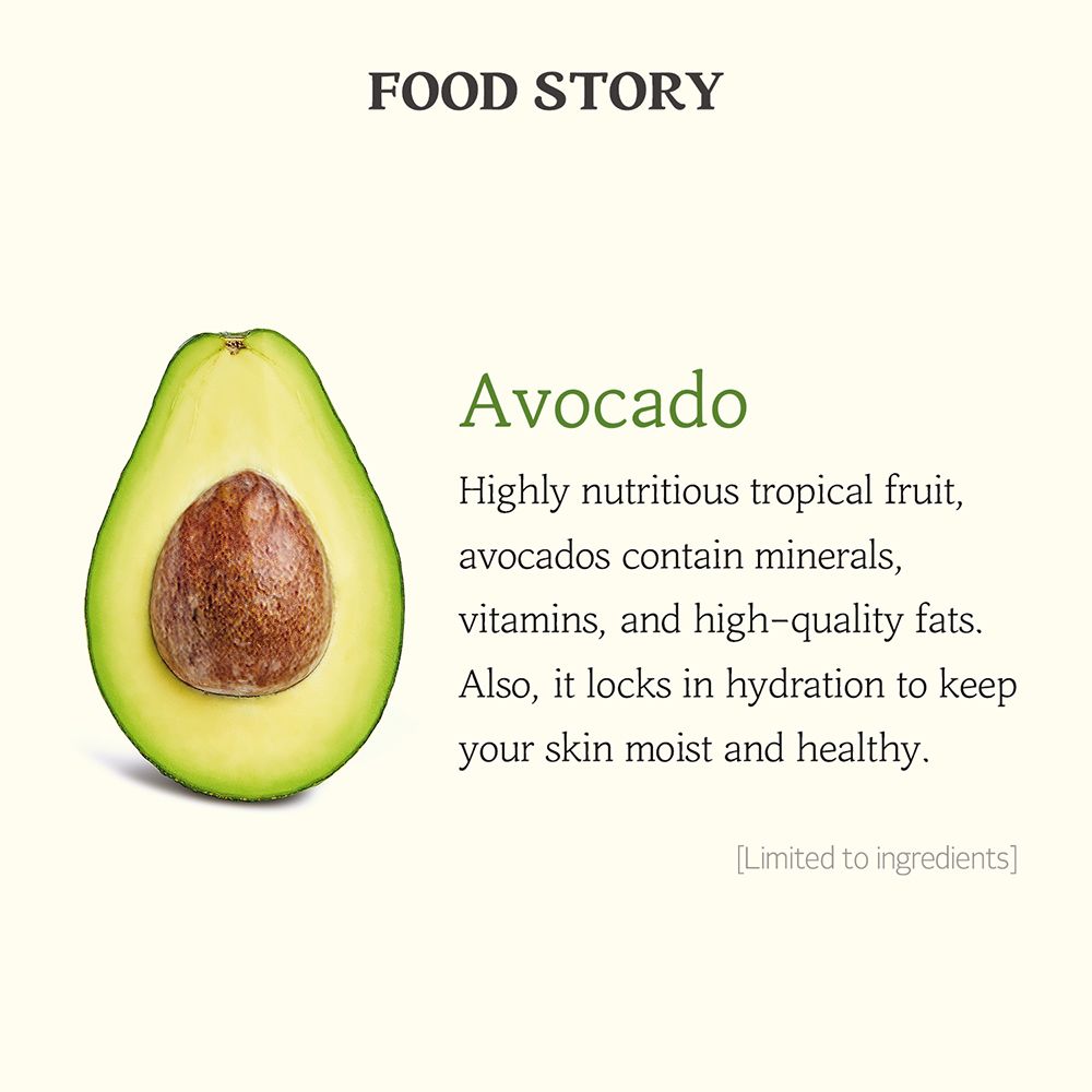 Halve avocado met pit. Tekst: Avocado, rijk aan vitaminen en mineralen. Helpt de huid te hydrateren.