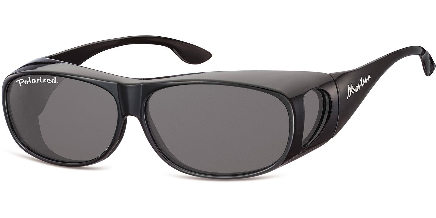Lunettes de soleil noires. Verres gris. Inscription "Polarized" sur le verre gauche. Logo Montana Eyewear sur la branche.