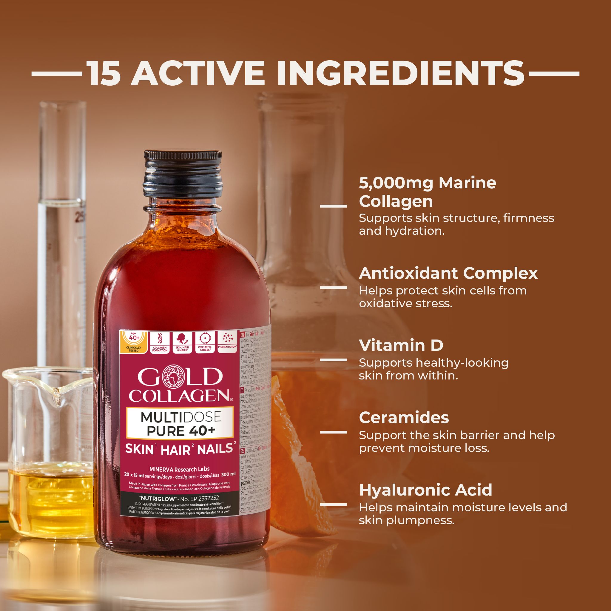 Bouteille Gold Collagen Multidose Pure 40+ près d'appareils de laboratoire, avec texte sur les ingrédients.