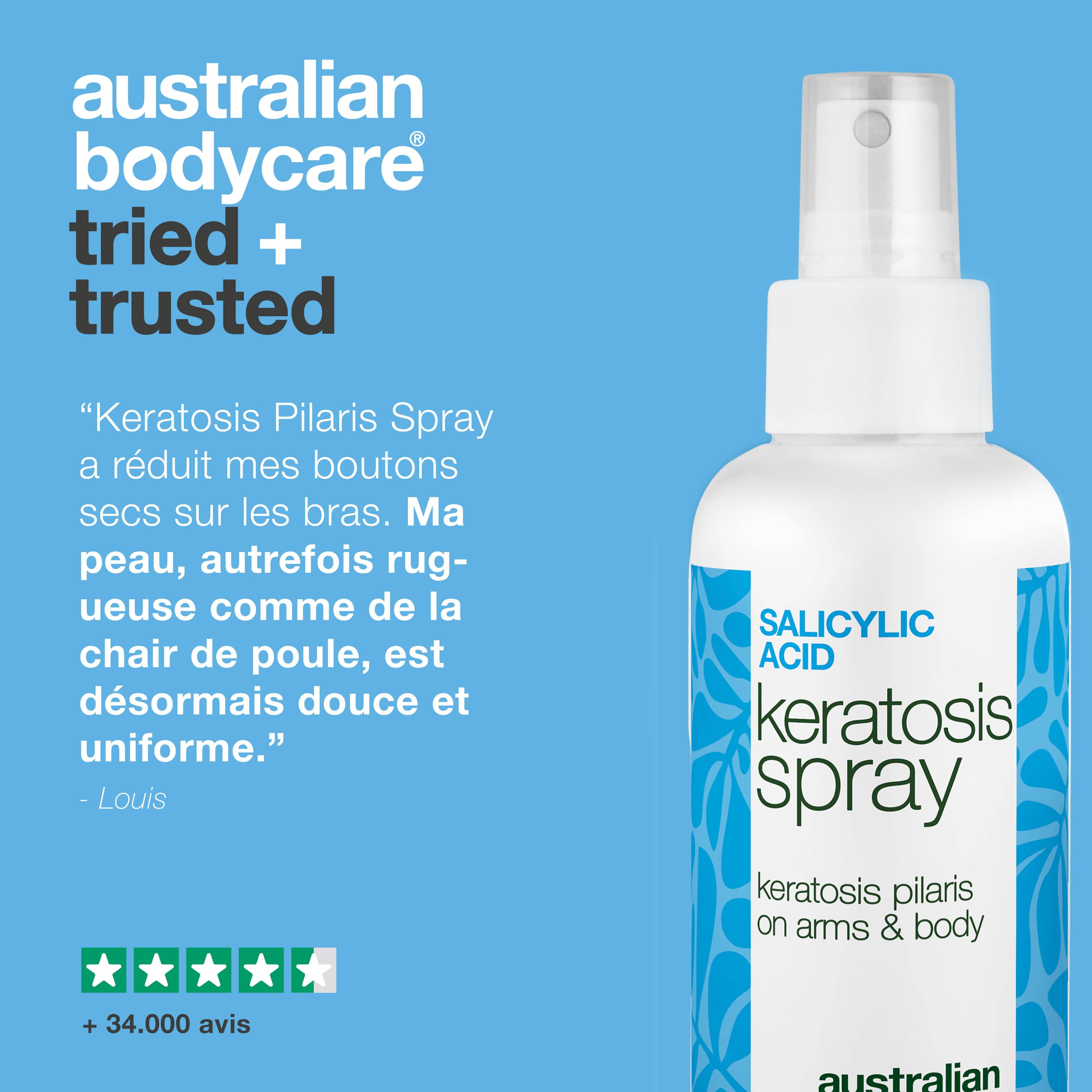 Spray: Keratosis Spray, Australian Bodycare. Texte: Tried + Trusted. Citation et évaluation 5 étoiles.