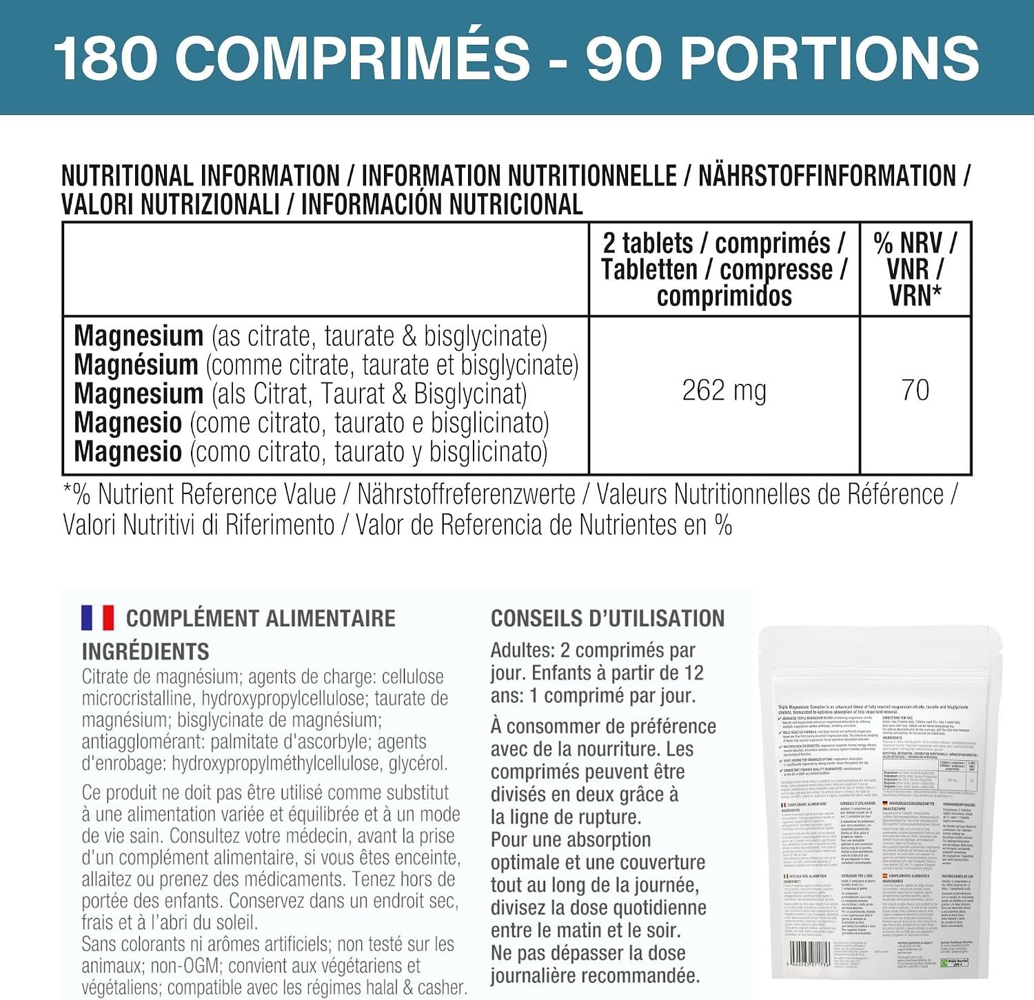 Étiquette de complément alimentaire magnésium, 180 comprimés, informations nutritionnelles et conseils d'utilisation.