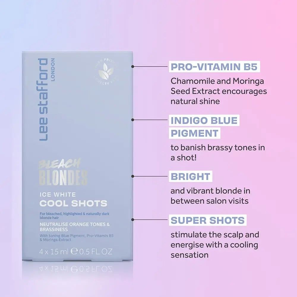 Emballage Lee Stafford Bleach Blondes Ice White Cool Shots avec informations détaillées sur le produit.