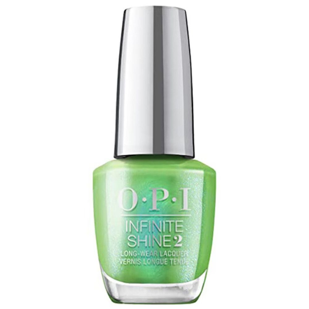 Flacon de vernis à ongles OPI Infinite Shine 2. Vernis vert, bouchon argenté. Nom du produit visible.