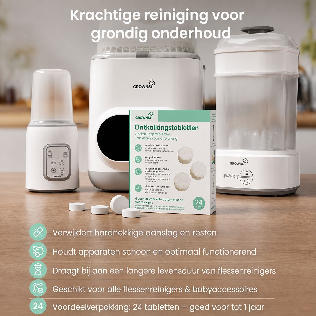 Drie witte flessensterilisatoren en een pak ontkalkingstabletten.