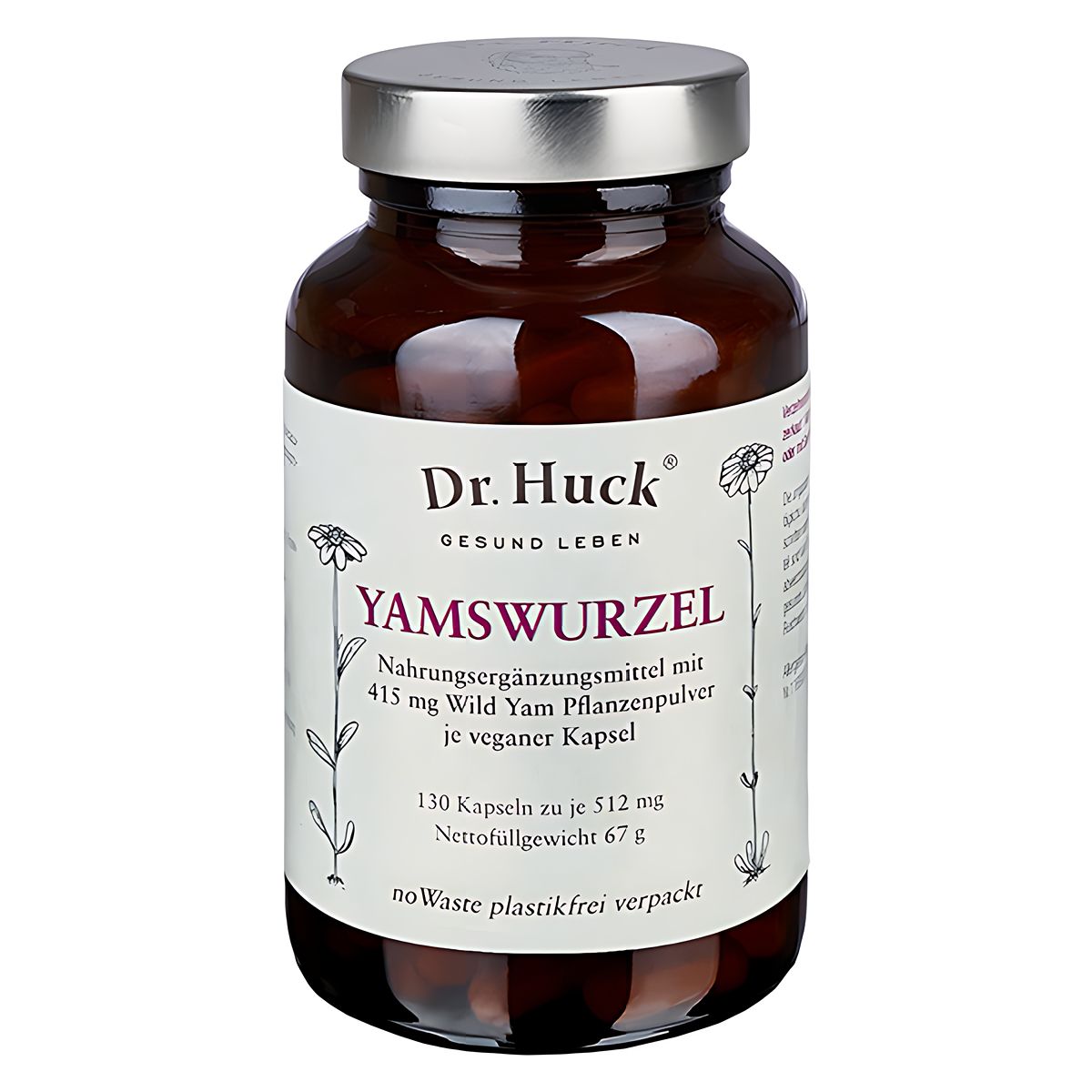 Bruine glazen fles met zilveren deksel. Opschrift Dr. Huck Yamswurzel Kapseln. 130 capsules, vegan.