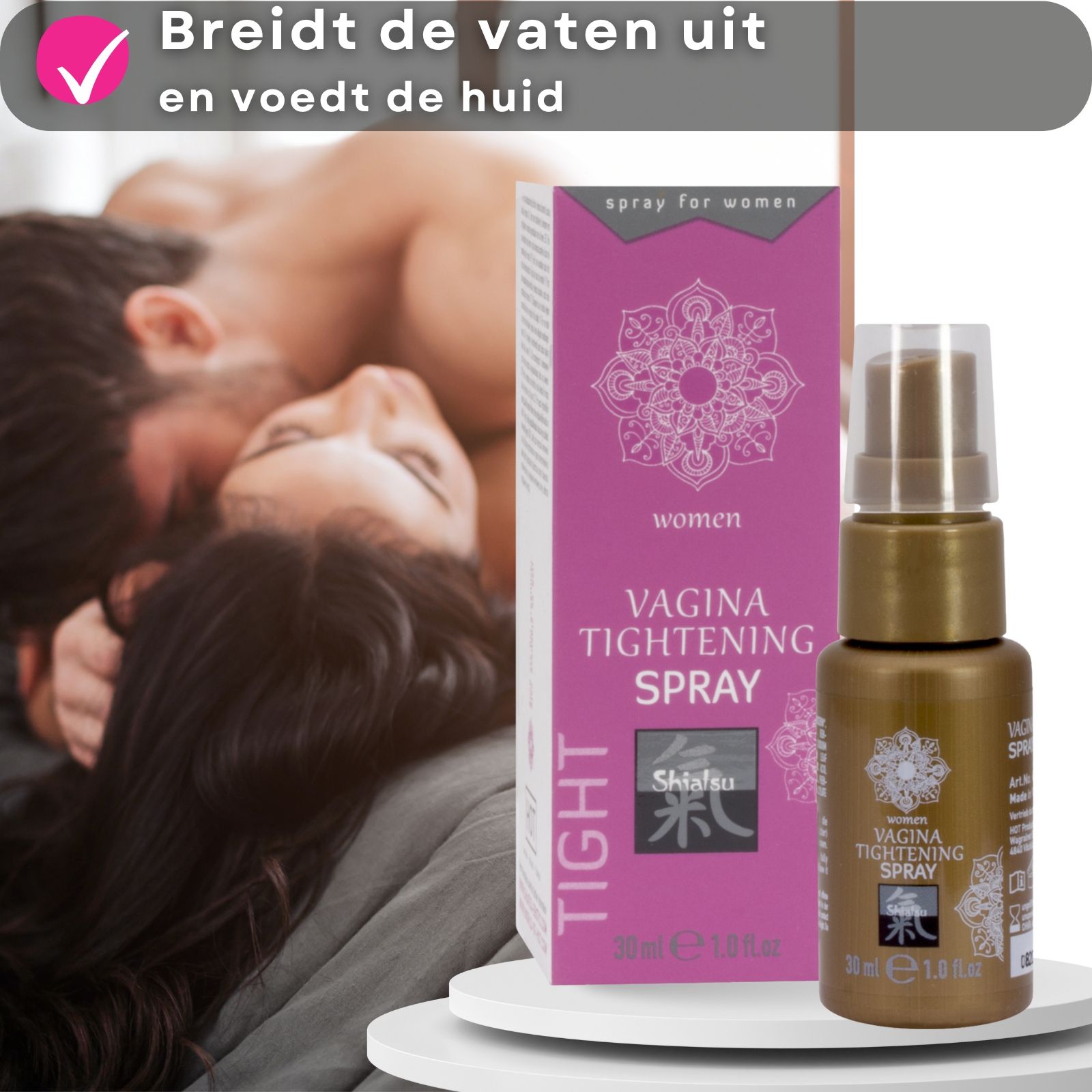Gouden sprayfles en verpakking. Tekst: Vagina Tightening Spray. 30ml. Met paar.