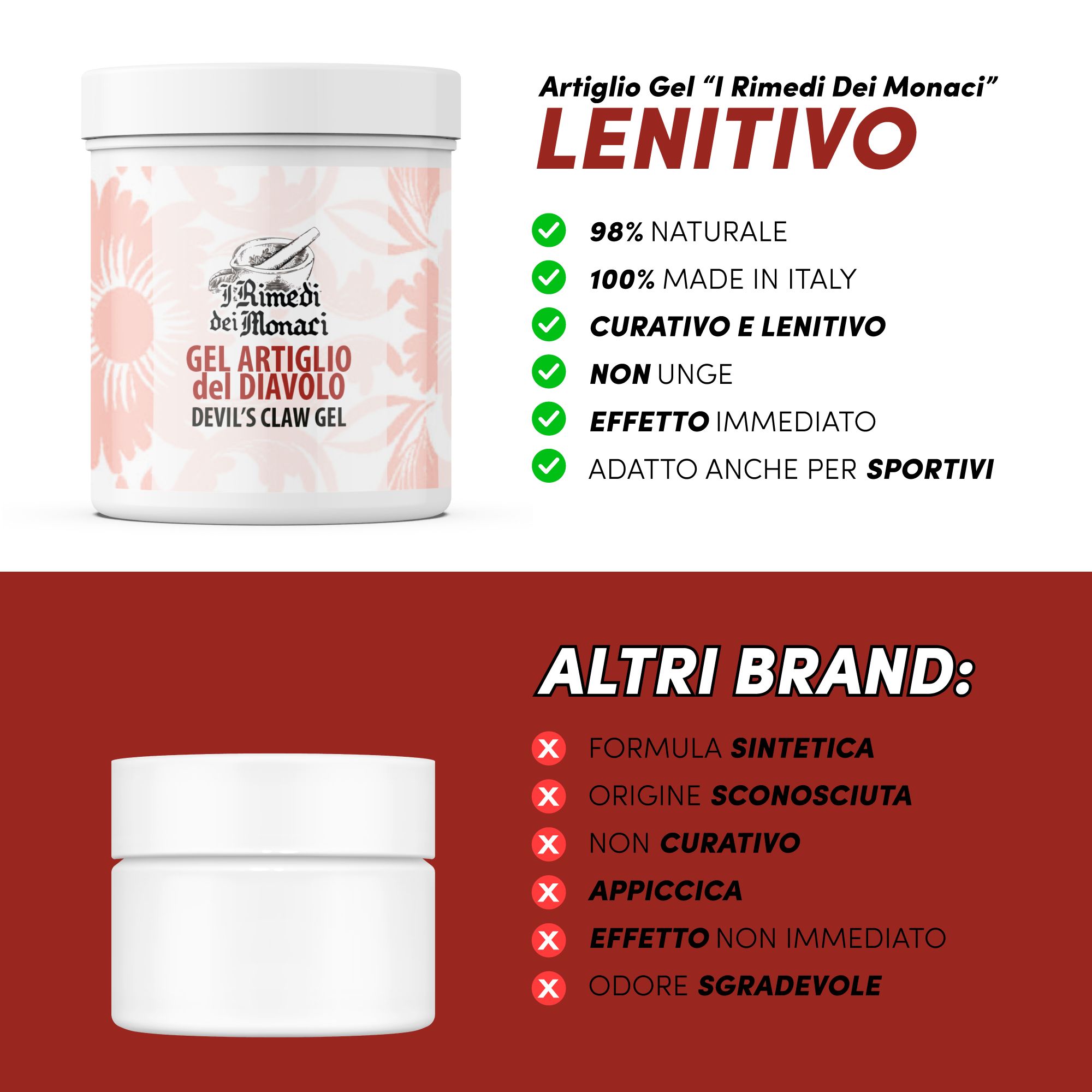 Witte pot met productlogo en opschrift 'Gel Artiglio del Diavolo'. Extra informatie en voordelen van het product.
