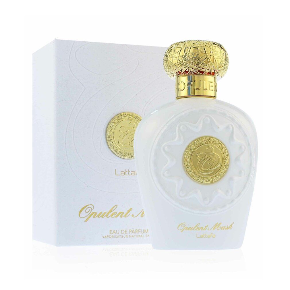 Flacon de parfum et emballage. Flacon blanc avec bouchon doré. Emballage blanc avec logo. Inscription: Opulent Musk, Lattafa.