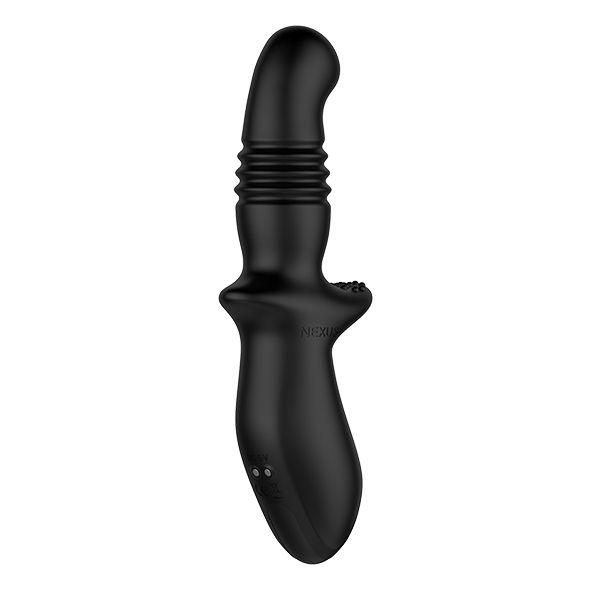 Produit de bien-être noir. Forme avec poignée, section cannelée et zone surélevée. Sur fond blanc.