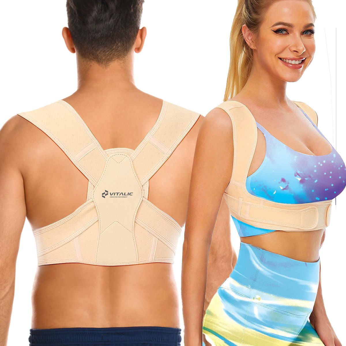 Ceinture dorsale beige portée par un homme et une femme. Logo VITALIC visible. Bretelles et sangles réglables.