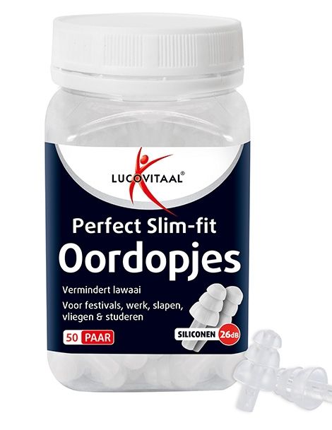 Transparante pot met witte oordopjes. Opschrift: Lucovitaal, Perfect Slim-fit Oordopjes, 50 Paar, Siliconen 26dB. Een oordopje ernaast.