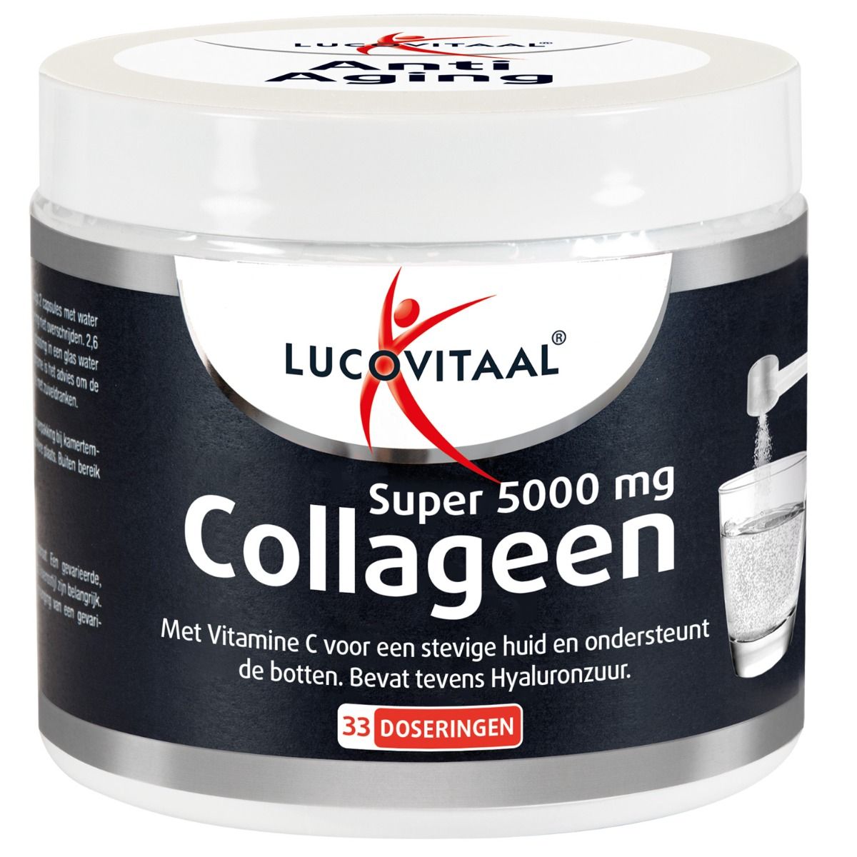 Pot Lucovitaal Super Collagène. Fond noir, couvercle blanc. Inscription : Super 5000 mg Collagène. Avec vitamine C.