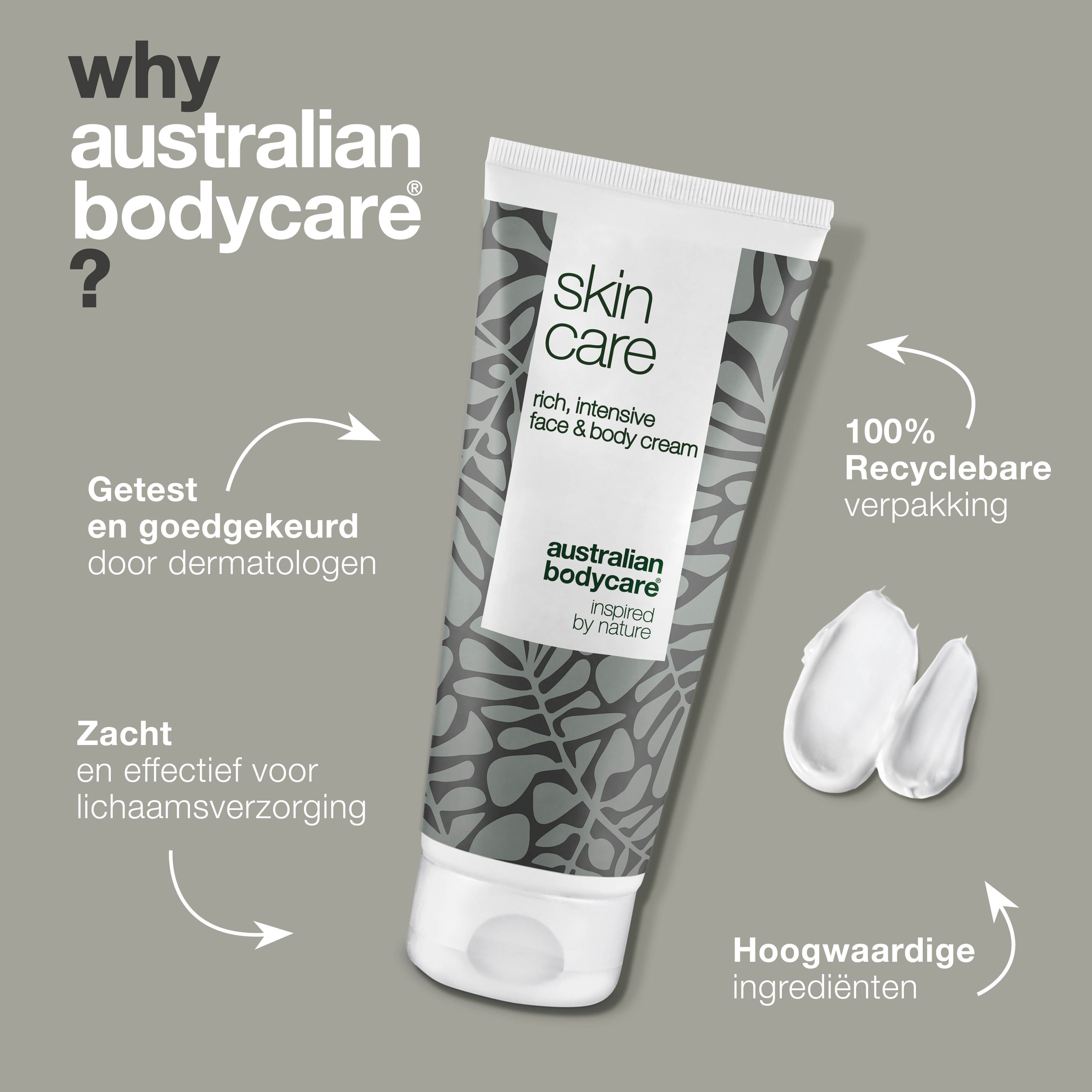 Crèmetube met tekst en crèmevlek. Tekst: Getest en goedgekeurd door dermatologen. Hoogwaardige ingrediënten. Merk: Australian Bodycare.
