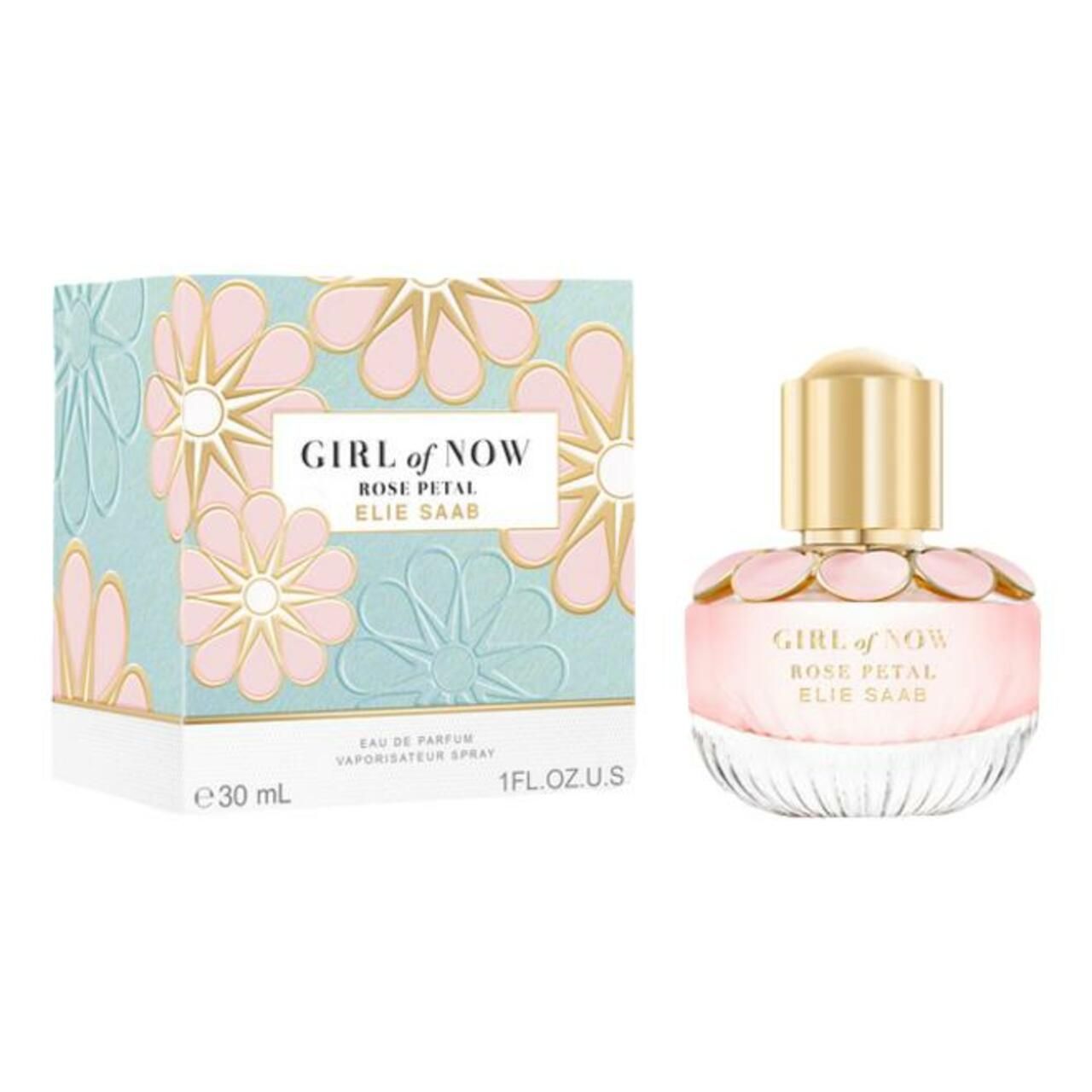 Parfumflesje Girl of Now Rose Petal Elie Saab naast een doosje. Opschrift op flesje en doosje. 30 ml.