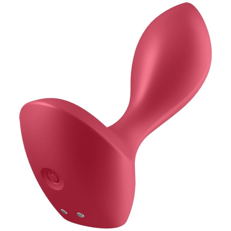 Rode anale vibrator met gebogen vorm en zilveren bodemelement. Een knop en twee oplaadcontacten zijn zichtbaar.