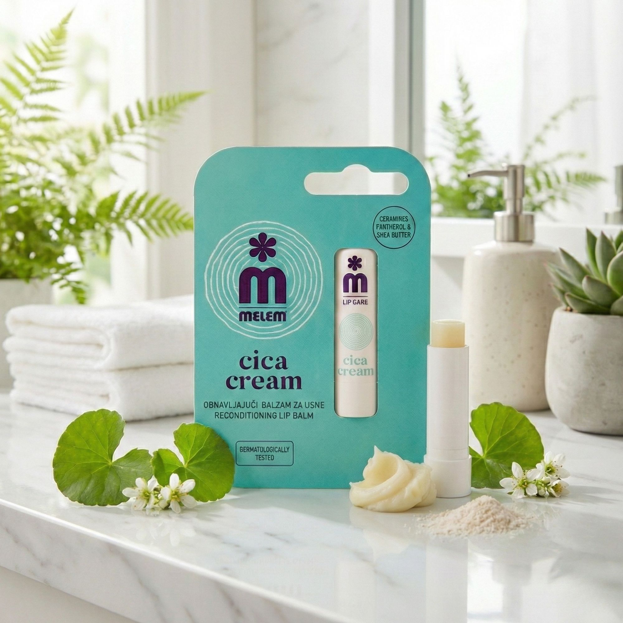 Melem Cica Cream, stick à lèvres régénérant, emballage et ouvert. Emballage turquoise et blanc, stick blanc. Fleurs, feuilles, crème et poudre.