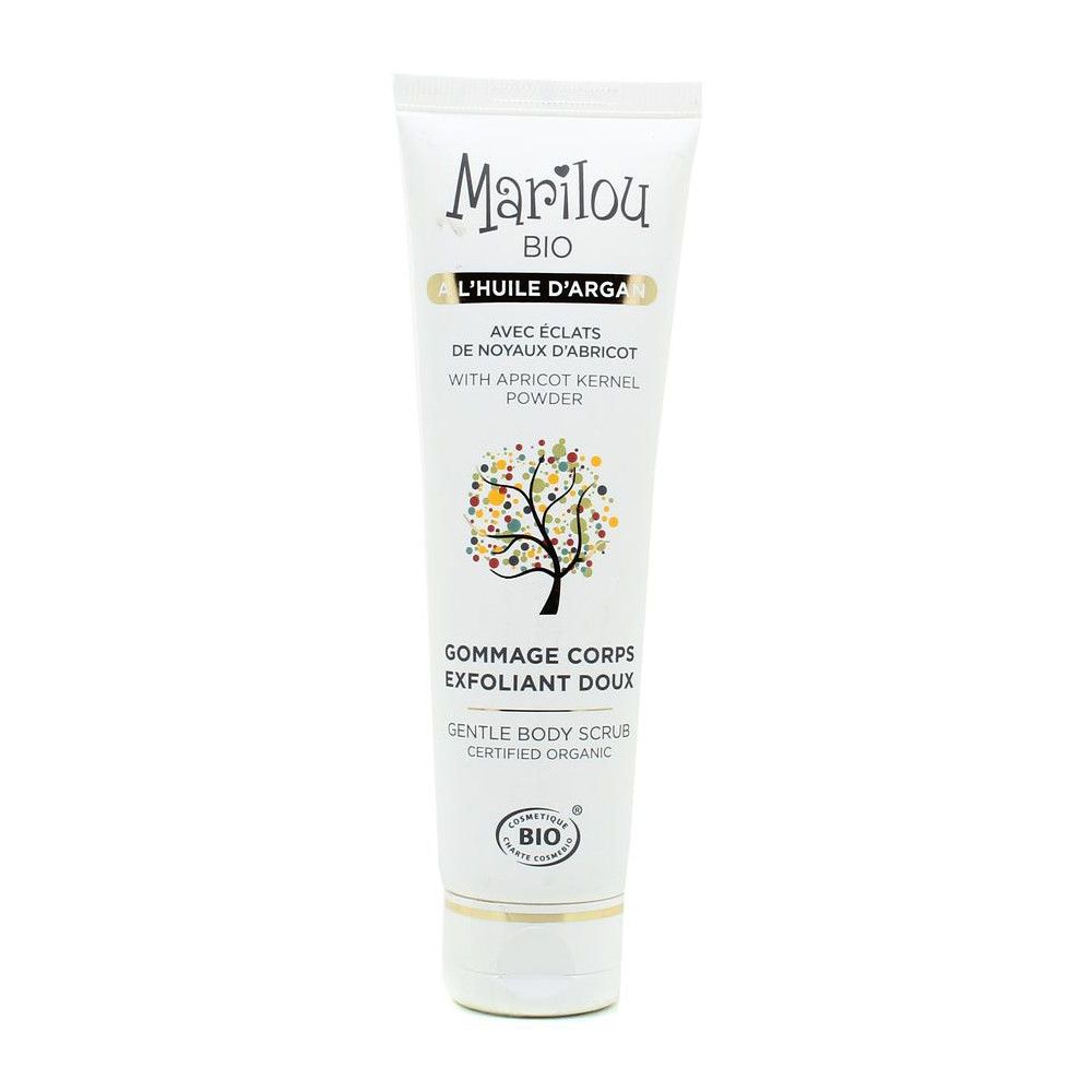 Tube blanc Marilou Bio, logo arbre et texte. Gommage corps bio certifié.