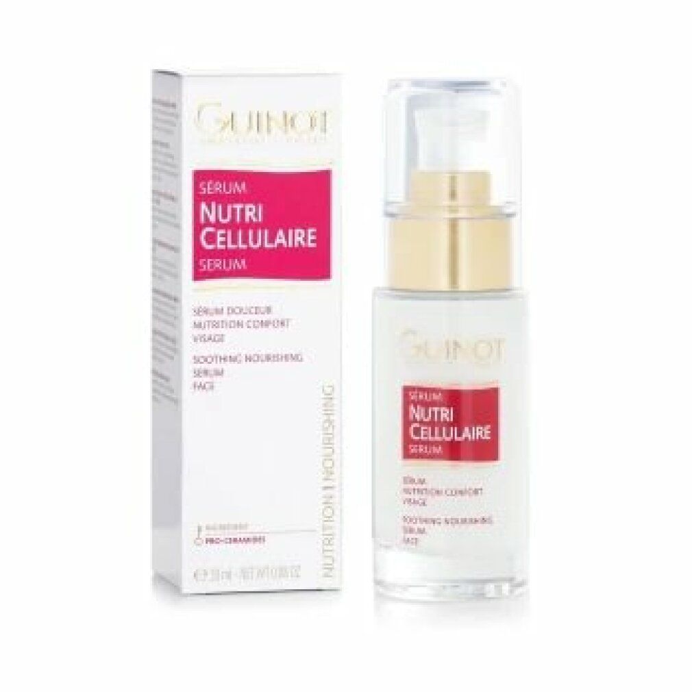 Guinot Serum Nutri Cellulaire en verpakking. Witte fles met pomp, gouden ring, rood etiket. Witte doos.