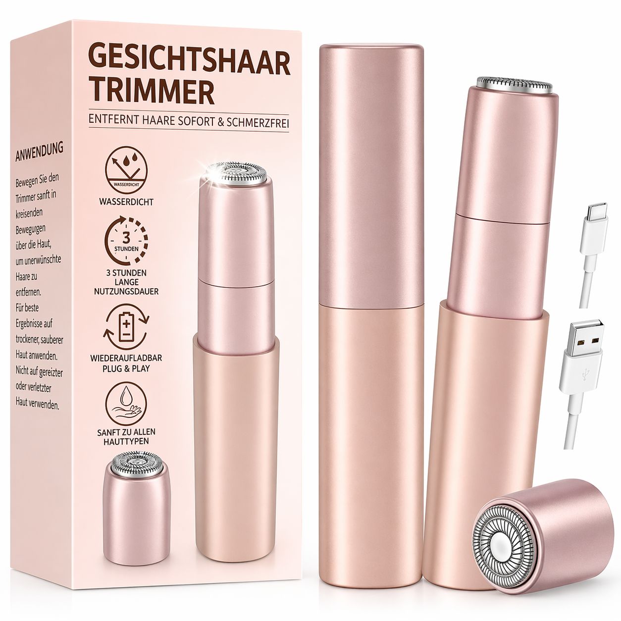 Emballage du produit. Tondeuse à poils du visage. Contient : Tondeuse, deux têtes de rechange, câble USB-C. Texte : Élimine les poils instantanément et sans douleur.