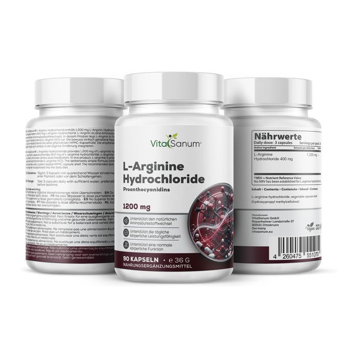 VitaSanum L-Arginine Chlorhydrate gélules, 1200 mg, 90 pièces. Contient des Proanthocyanidines.