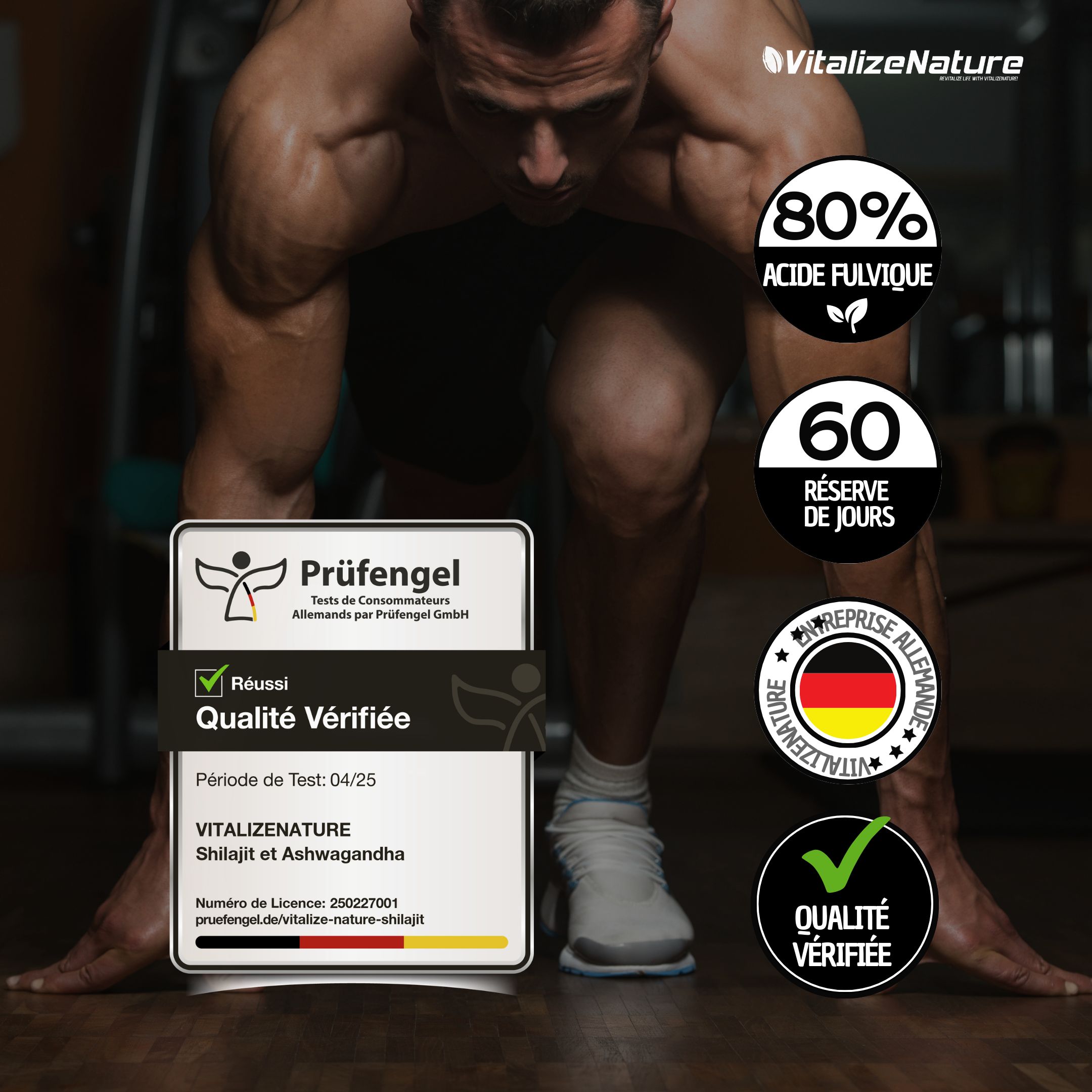 Homme s'échauffant. Logos produit et certifications. 80% acide fulvique, 60 jours de réserve. Qualité vérifiée.