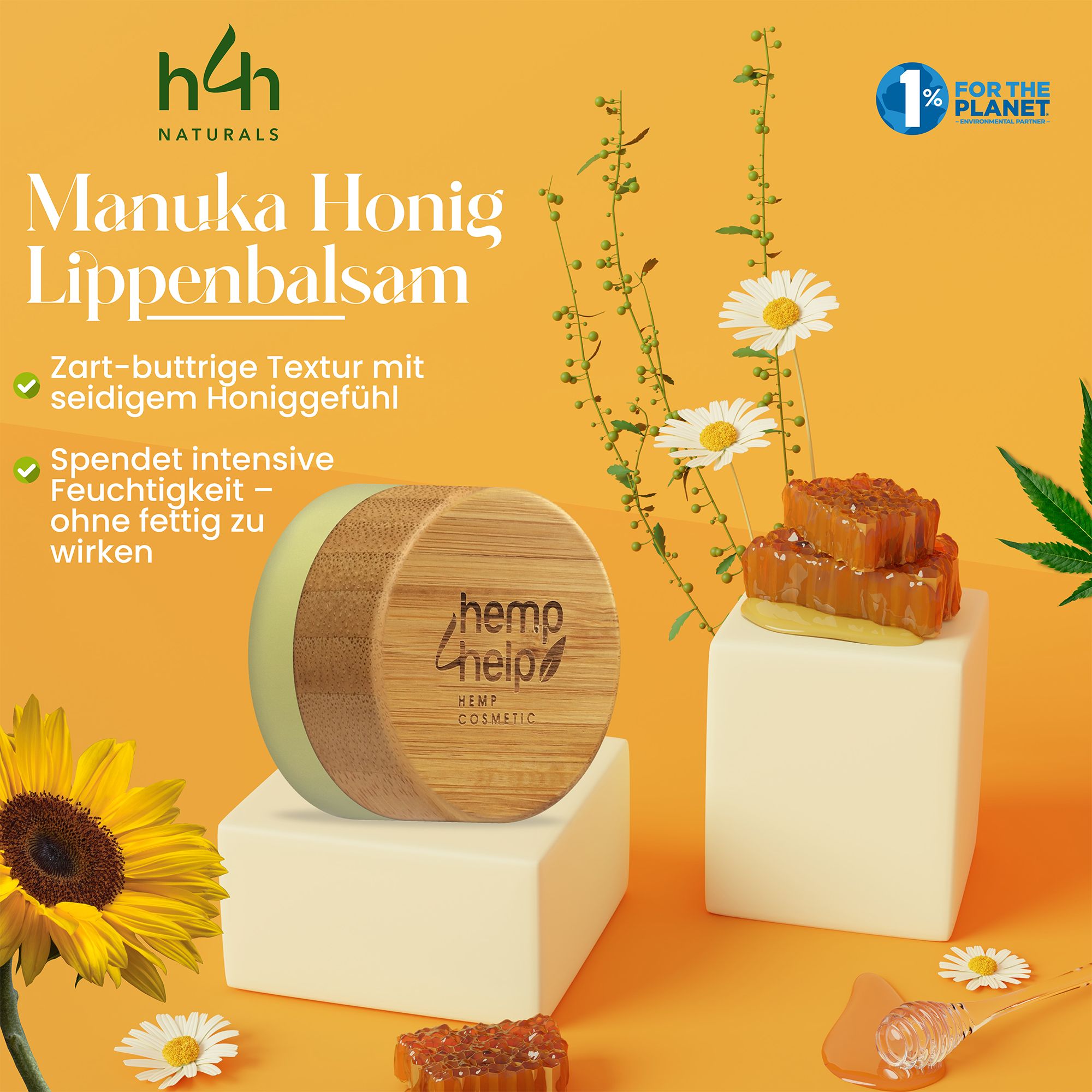 Pot de baume à lèvres avec couvercle en bois sur socle. Nid d'abeilles, tournesol et camomille. Texte : Baume à lèvres au miel de Manuka.