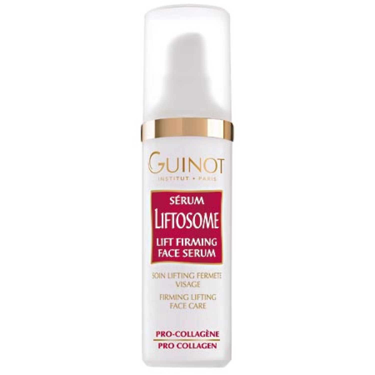 Sérum Liftosome Guinot. Blanc, rouge et doré. Texte: Sérum Liftosome, Pro-Collagen.