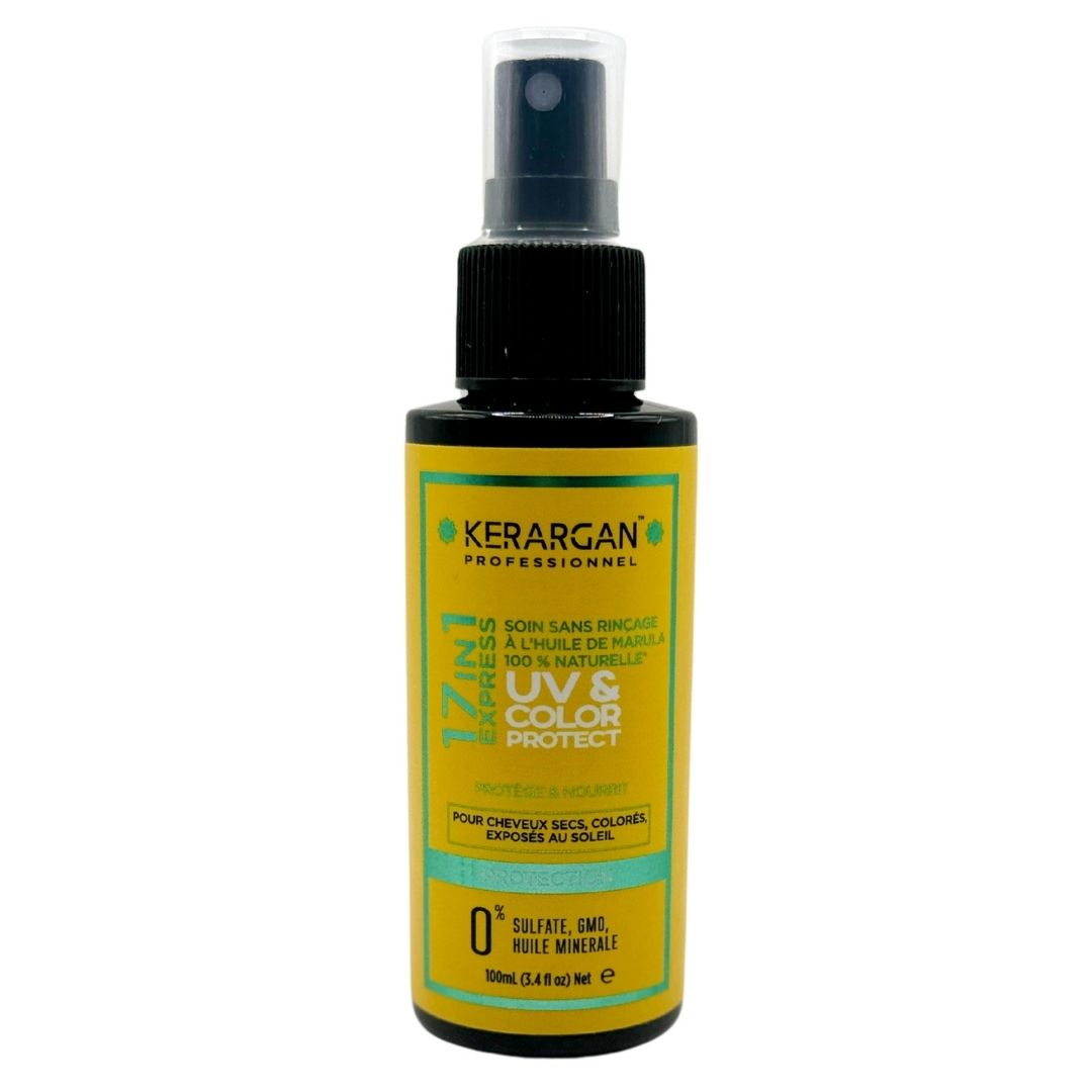 Kerargan UV & Color Protect. Flacon avec vaporisateur. Étiquettes jaunes avec texte. 0% sulfates, huiles minérales.