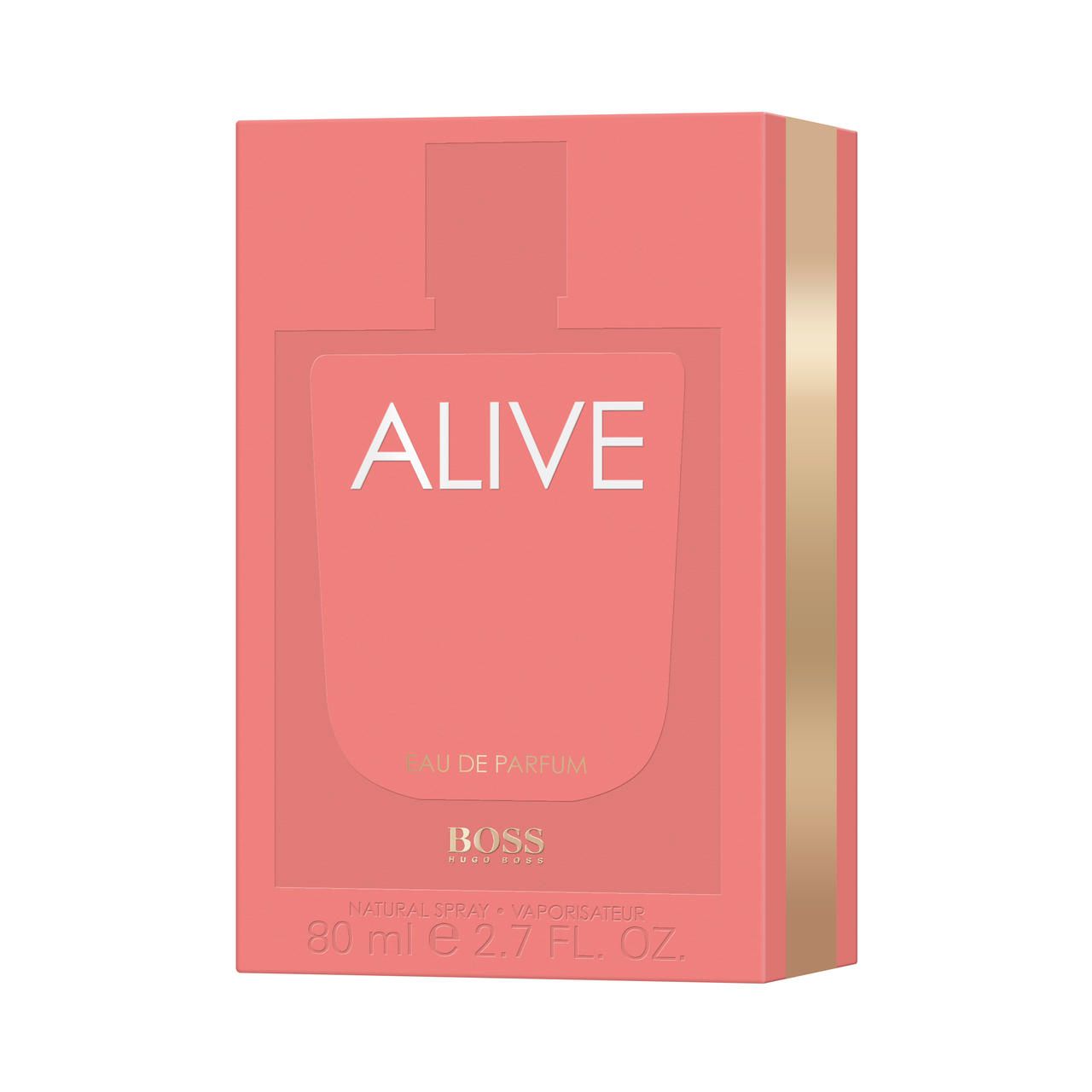 Roze verpakking met "ALIVE" en "BOSS". "AU DE PARFUM" en "80 ml 2.7 FL. OZ." zijn ook zichtbaar.