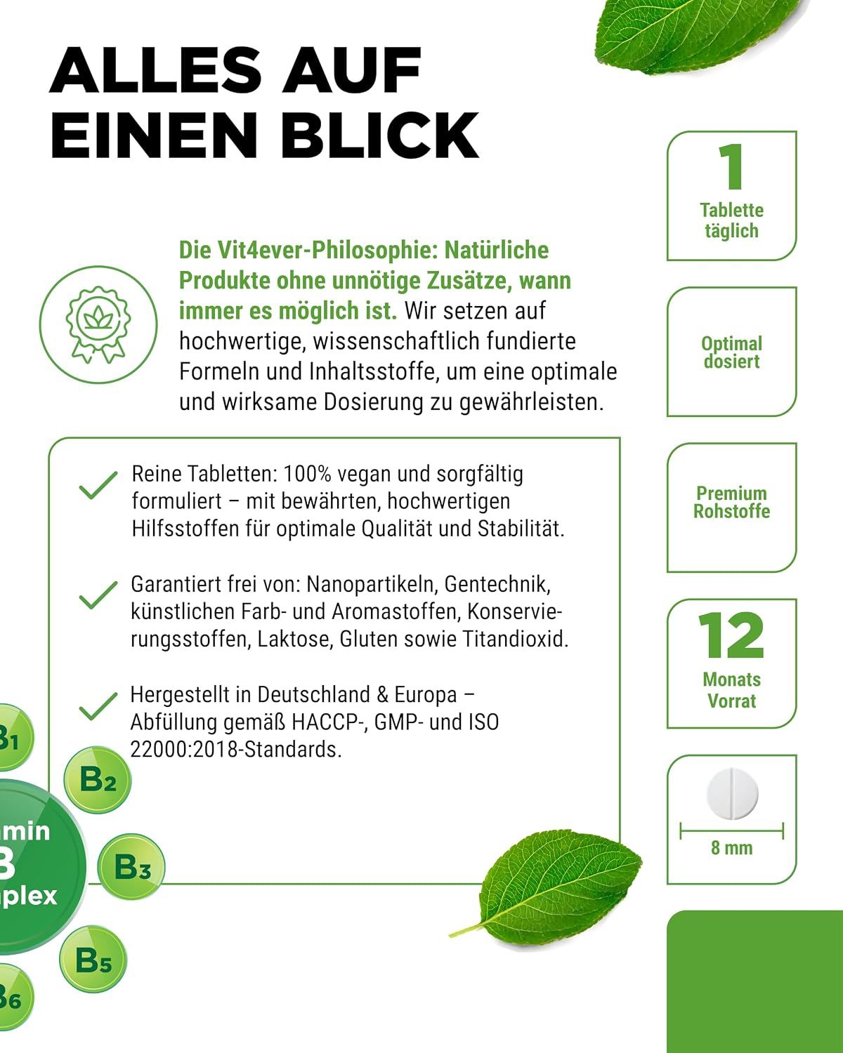 Vit4ever Vitamine B Complex: 1 tablet per dag, optimaal gedoseerd, 12 maanden voorraad.