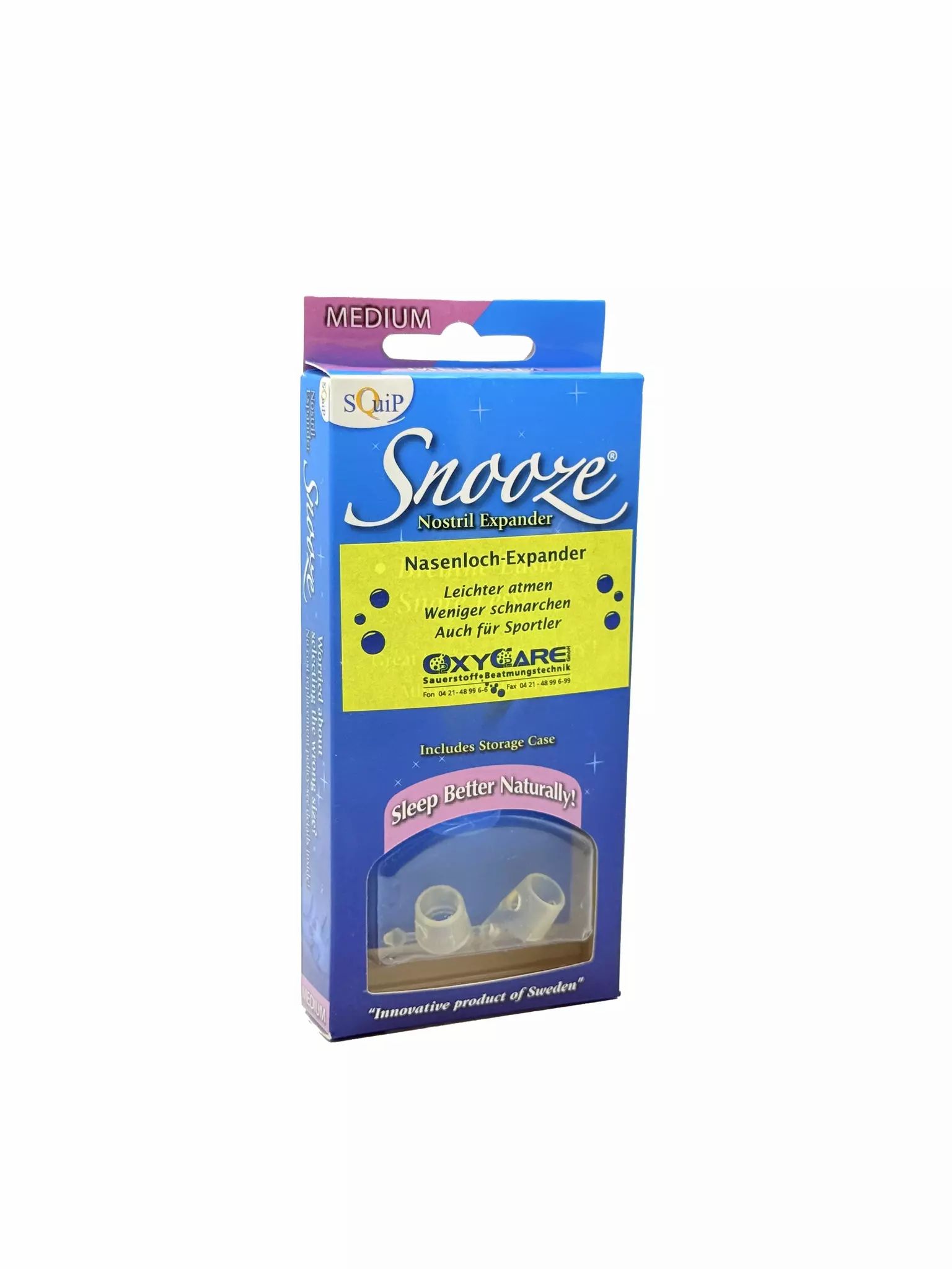 Emballage bleu du produit avec le nom du produit Snooze. Contient un dilatateur nasal et une boîte de rangement. "MEDIUM" est écrit en haut.