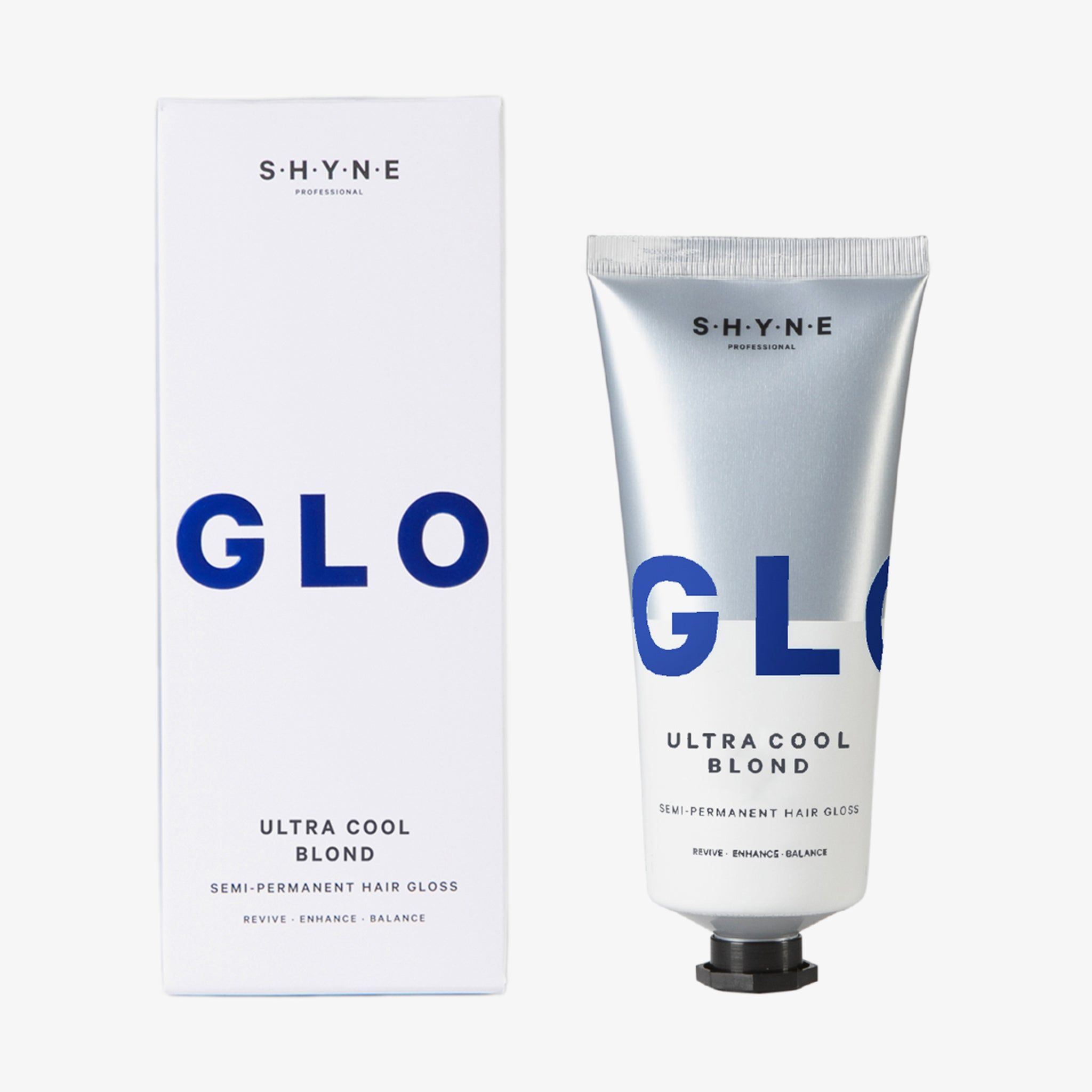 Emballage et tube. Boîte blanche et tube argenté avec texte bleu "GLO". Marque : SHYNE PROFESSIONAL.