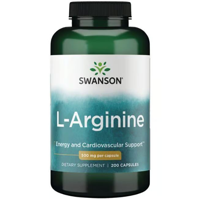 Flacon vert avec étiquette blanche. Inscription: SWANSON L-Arginine, 500 mg par capsule. 200 capsules.