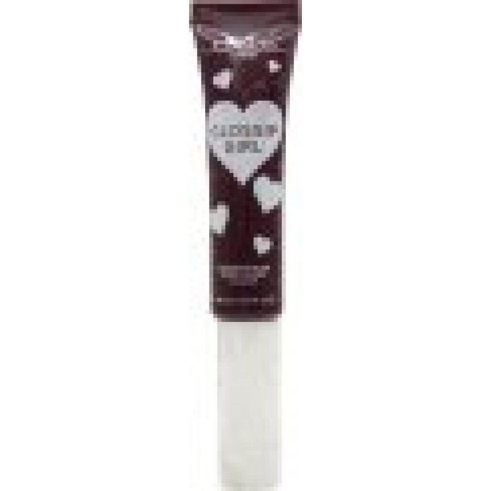 Close-up van een lipgloss tube met witte applicator. Opschrift "GOSSIP GIRL" met hartjes. Donkerbruine tube.