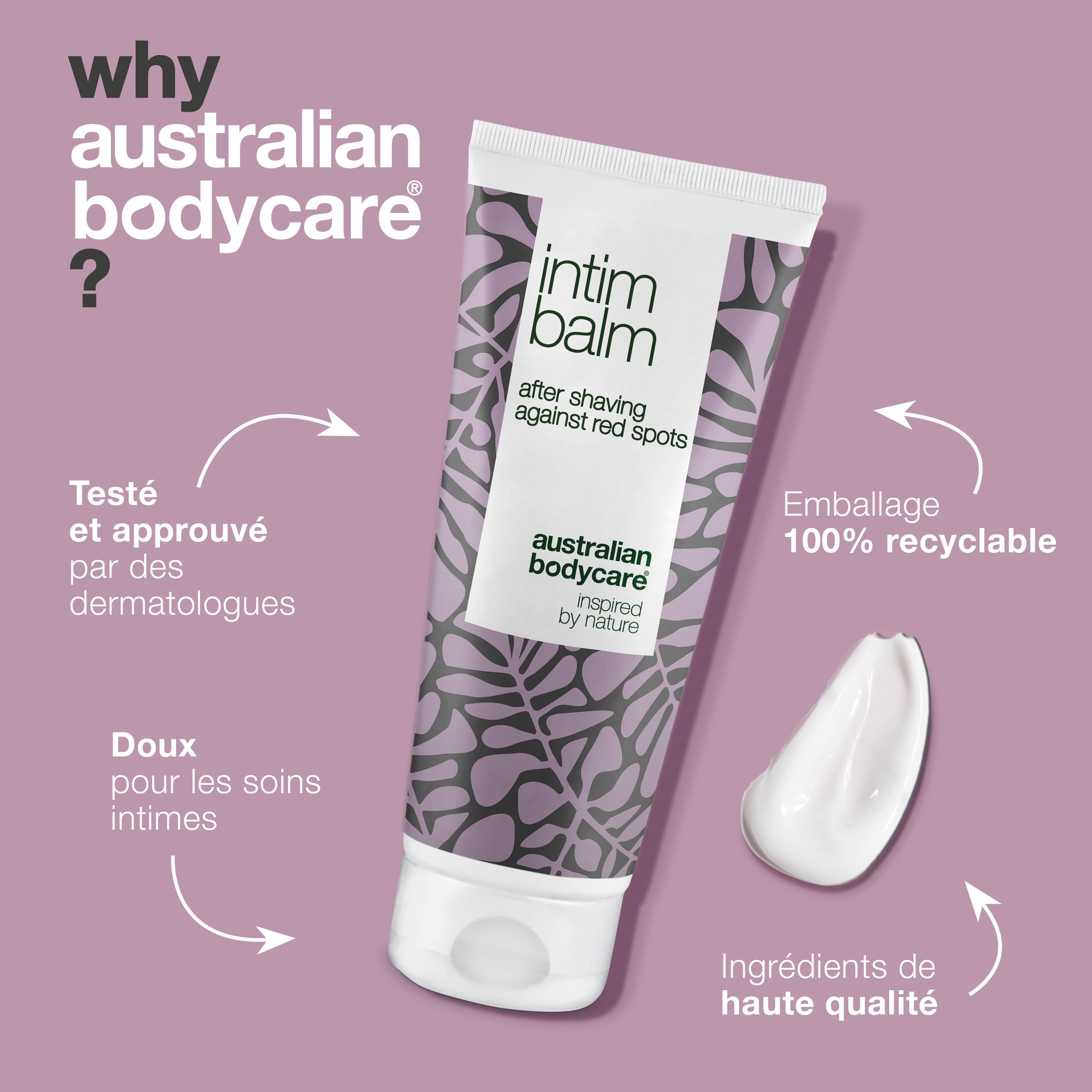Pourquoi Australian Bodycare ? Baume intime. Texte et gouttes. 100% recyclable.