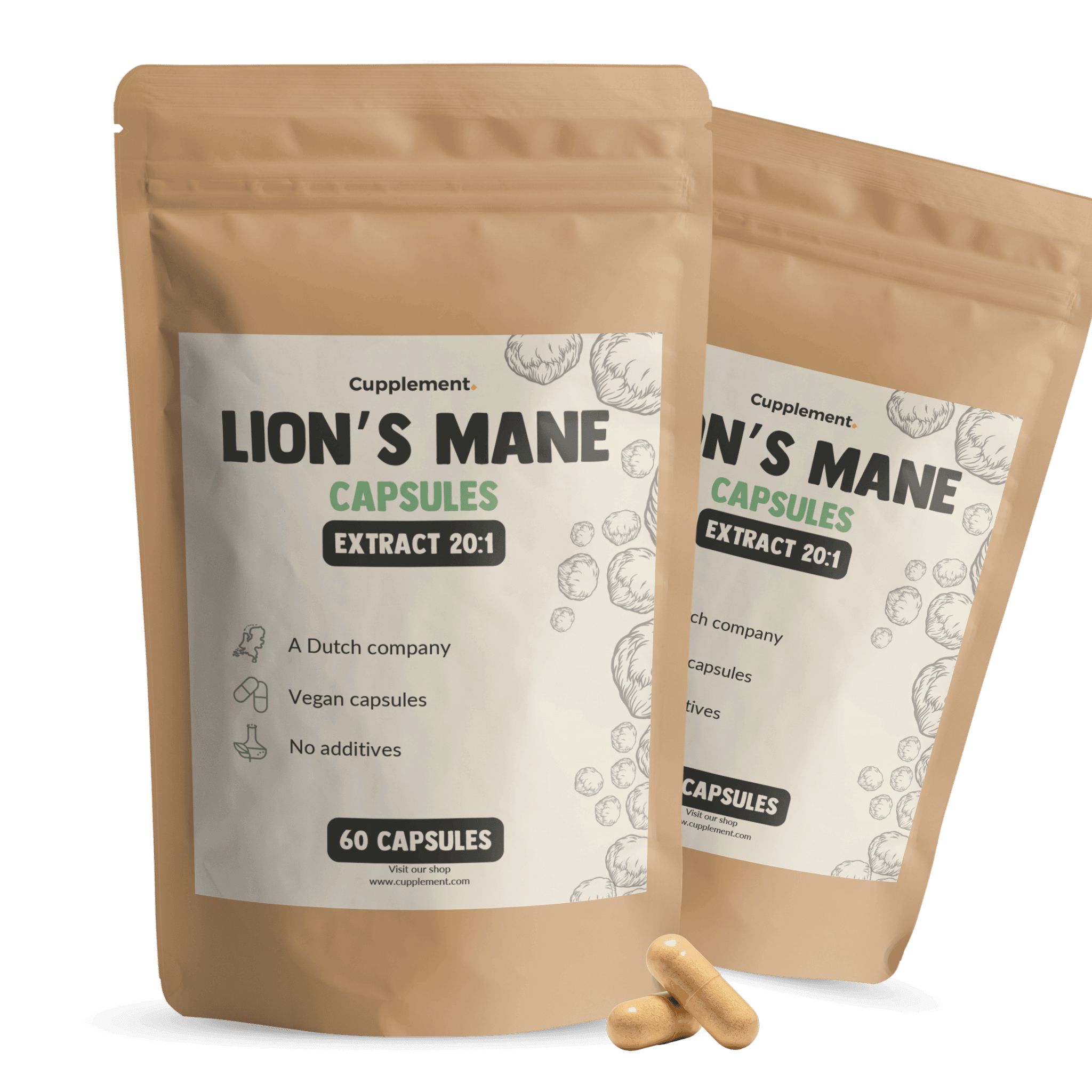 Twee zakjes capsules. Opschrift: Lion's Mane Capsules, extract 20:1, 60 capsules. Bruine papieren verpakking. Twee capsules ernaast.