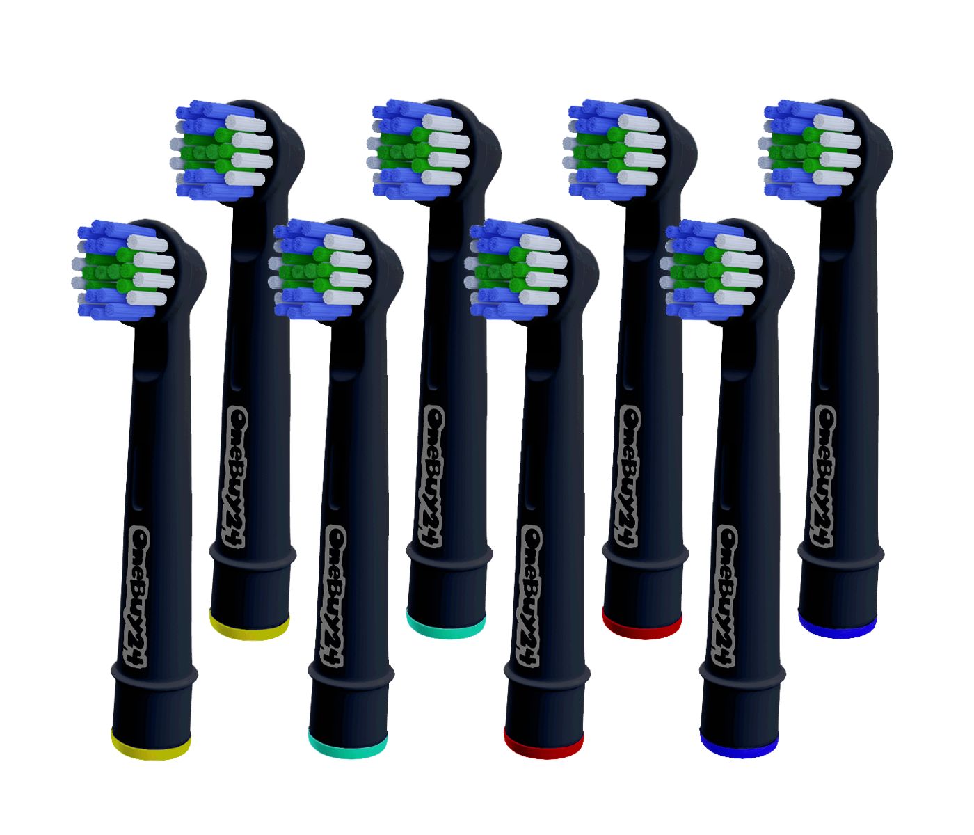 Neuf têtes de brosse noires. Soies bleues, vertes et blanches. Manche cylindrique avec extrémités colorées.